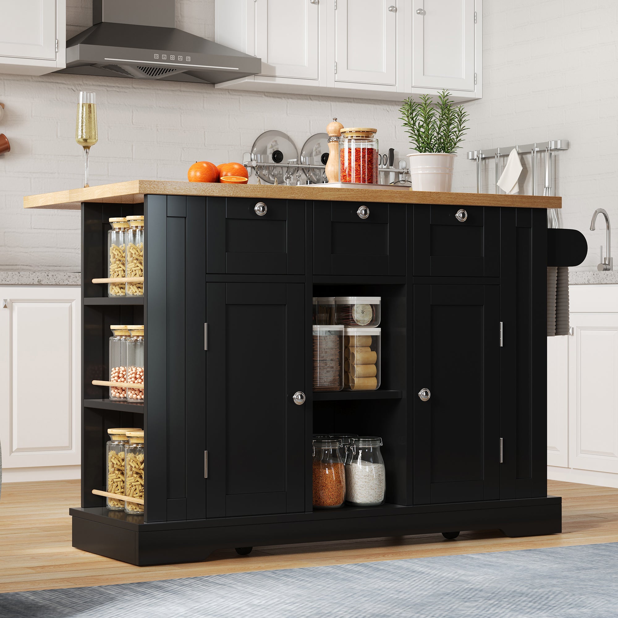 Mobilna wyspa kuchenna z 3 szufladami, 2 drzwiami i półkami - rozkładany blat - 132 x 40/70 x 87 cm - drewno MDF - czarny + naturalny