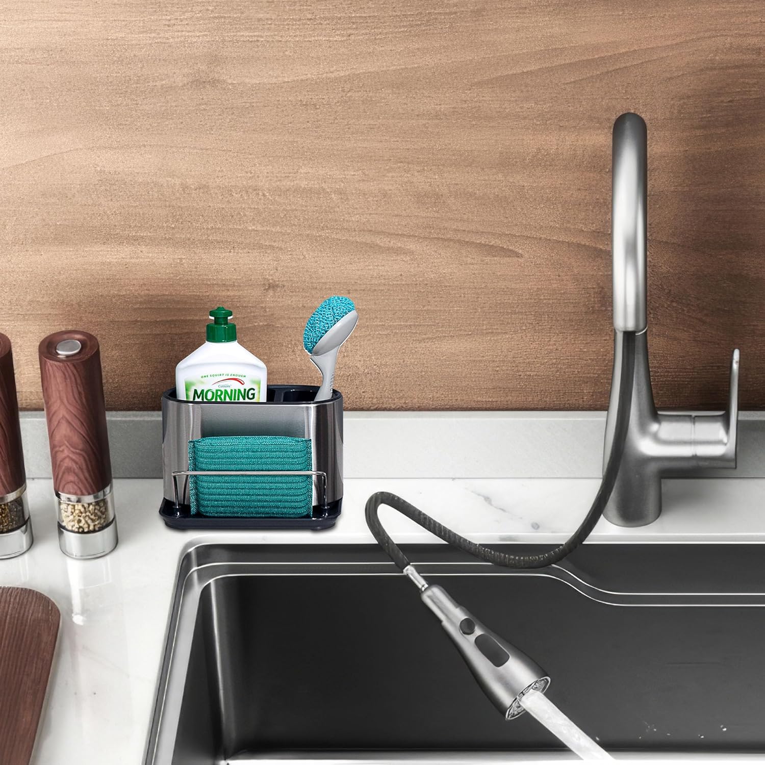 Uchwyt na gąbkę do zlewu kuchennego ze stali nierdzewnej - Uchwyt na gąbkę z tacką ociekową - 6