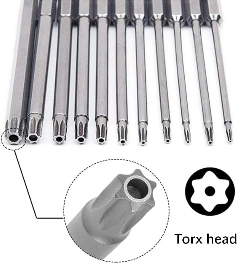 Lot de 11 tournevis de sécurité 75 mm à tige hexagonale 6,35 mm T6 -T10 T15 T20 T25 T27 T30 T40 avec porte-embout de tournevis d'angle en L - 4