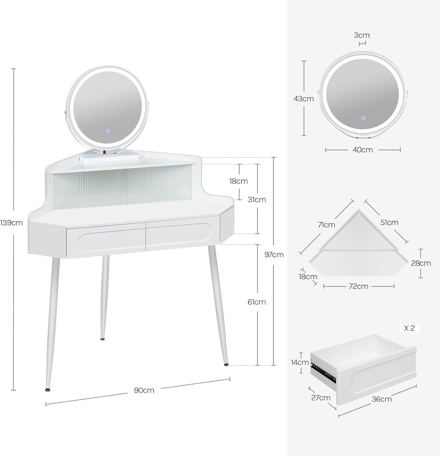 Coiffeuse avec miroir en MDF Blanc H. 139 x l. 99 x P. 63 cm - 4