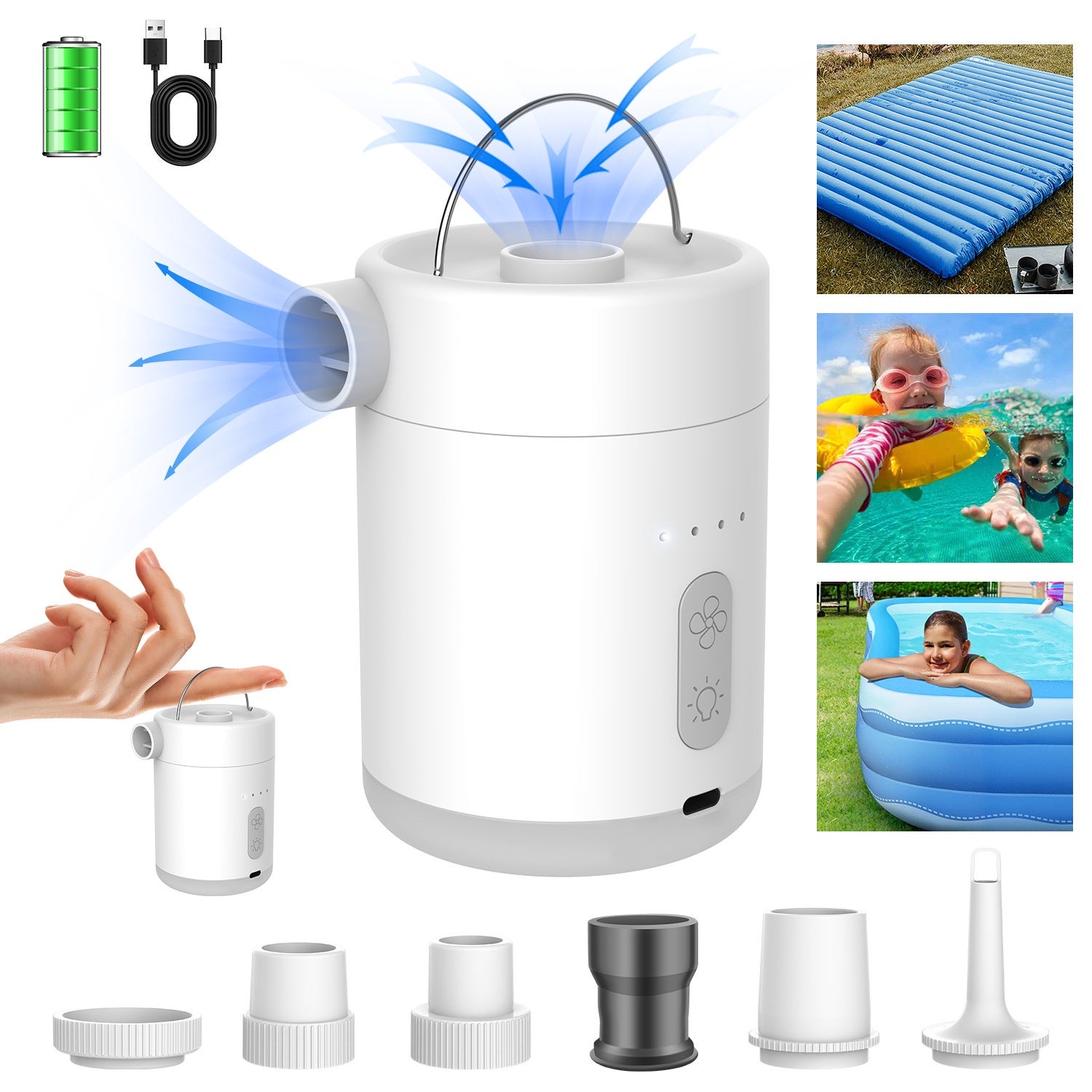 Gonfleur électrique Rechargeable 3-en-1 - 5 Buses, Batterie 2400 MAh, LED SOS, 200L/min - Pour Matelas, Bateau, Pataugeoire - Ultra-léger 218g