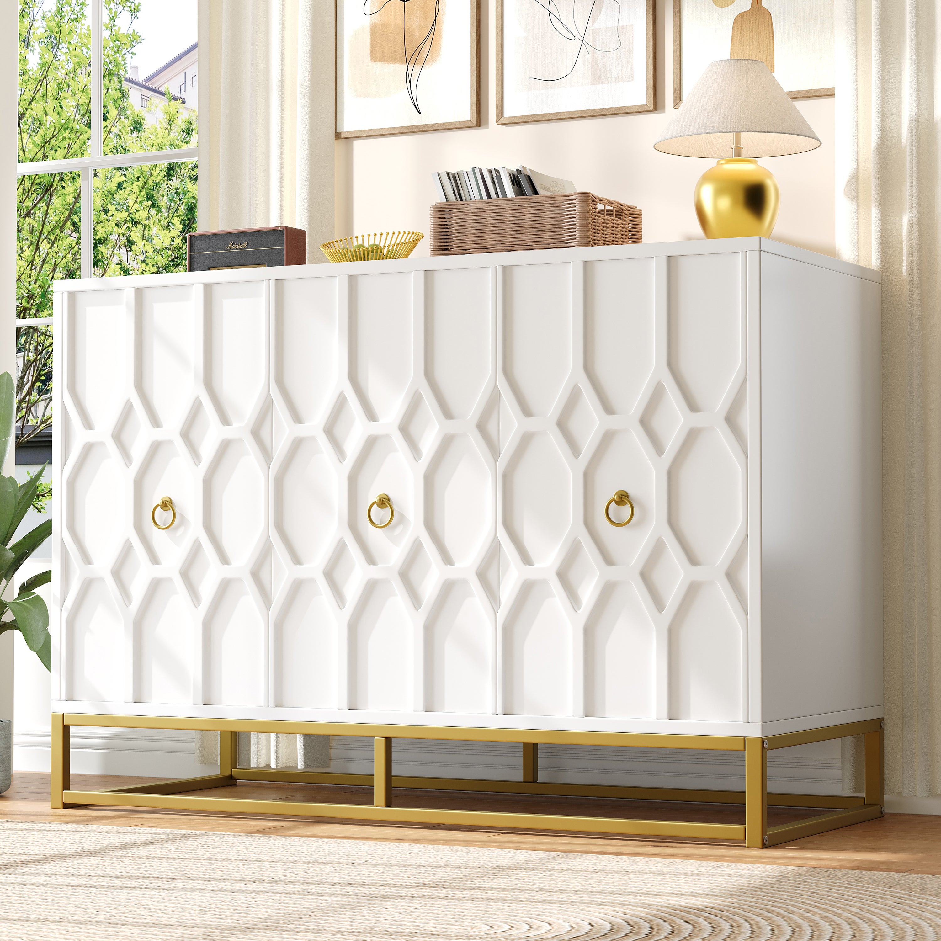 Buffet Cuisine TIMORWTF 120x30x80 Cm - 4 Portes, étagères Réglables, Blanc, Rangement Moderne Pour Salon Ou Salle à Manger - 3