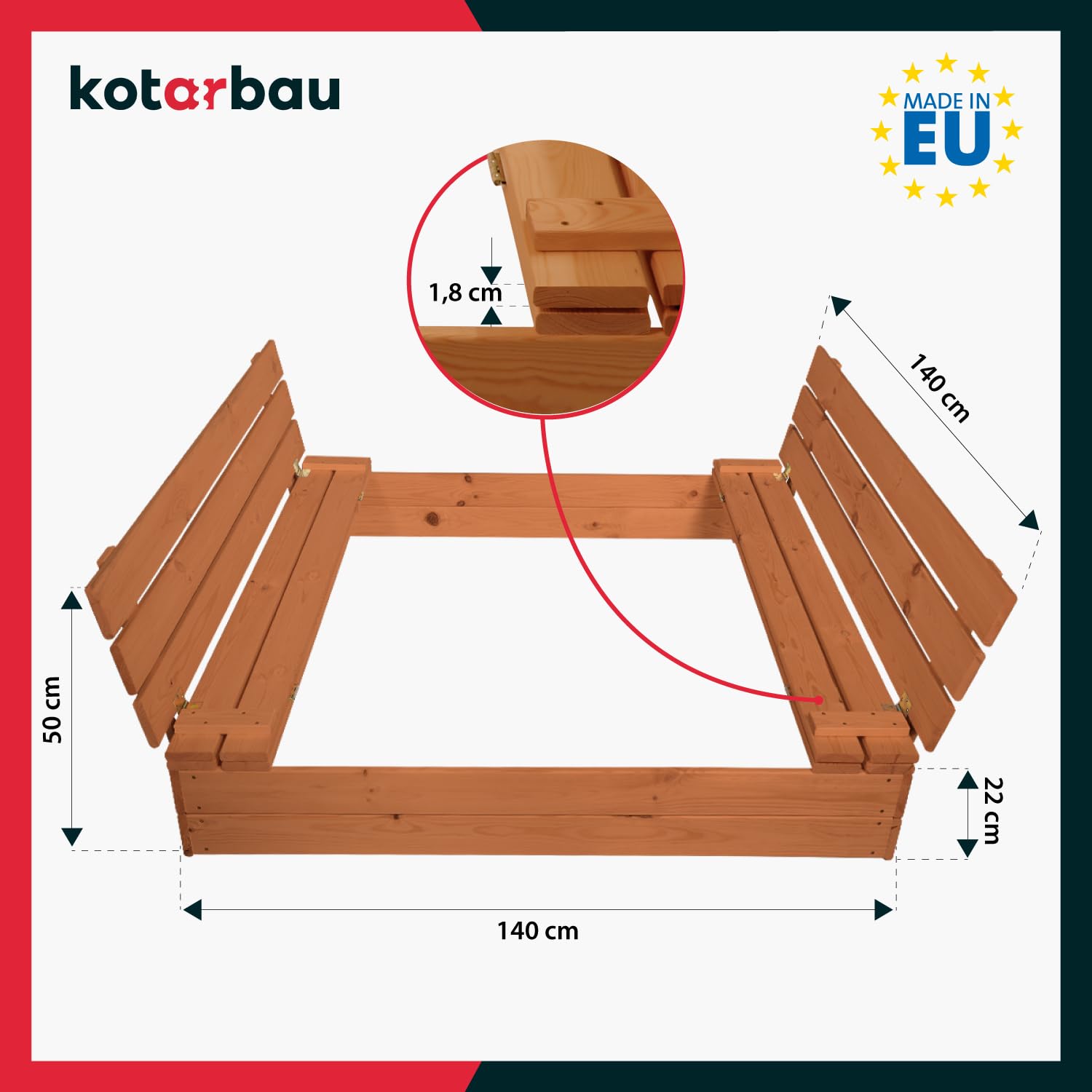 KOTARBAU Bac à Sable Enfant Extérieur Bois 140 x 140 cm Marron avec Couvercle et Bancs Bac à Sable Refermable Imprégné Avec Tissu - 3