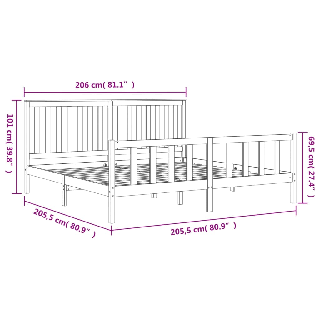 Cadre de lit sans matelas noir 200x200 cm en bois massif de pin - 6