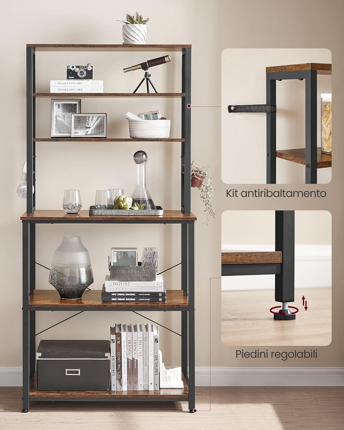 Scaffale Cucina, Supporto per Microonde, 6 Ripiani, 6 Ganci, Acciaio, Industriale, 40 x 80 x 167 cm, Marrone e Nero - 8