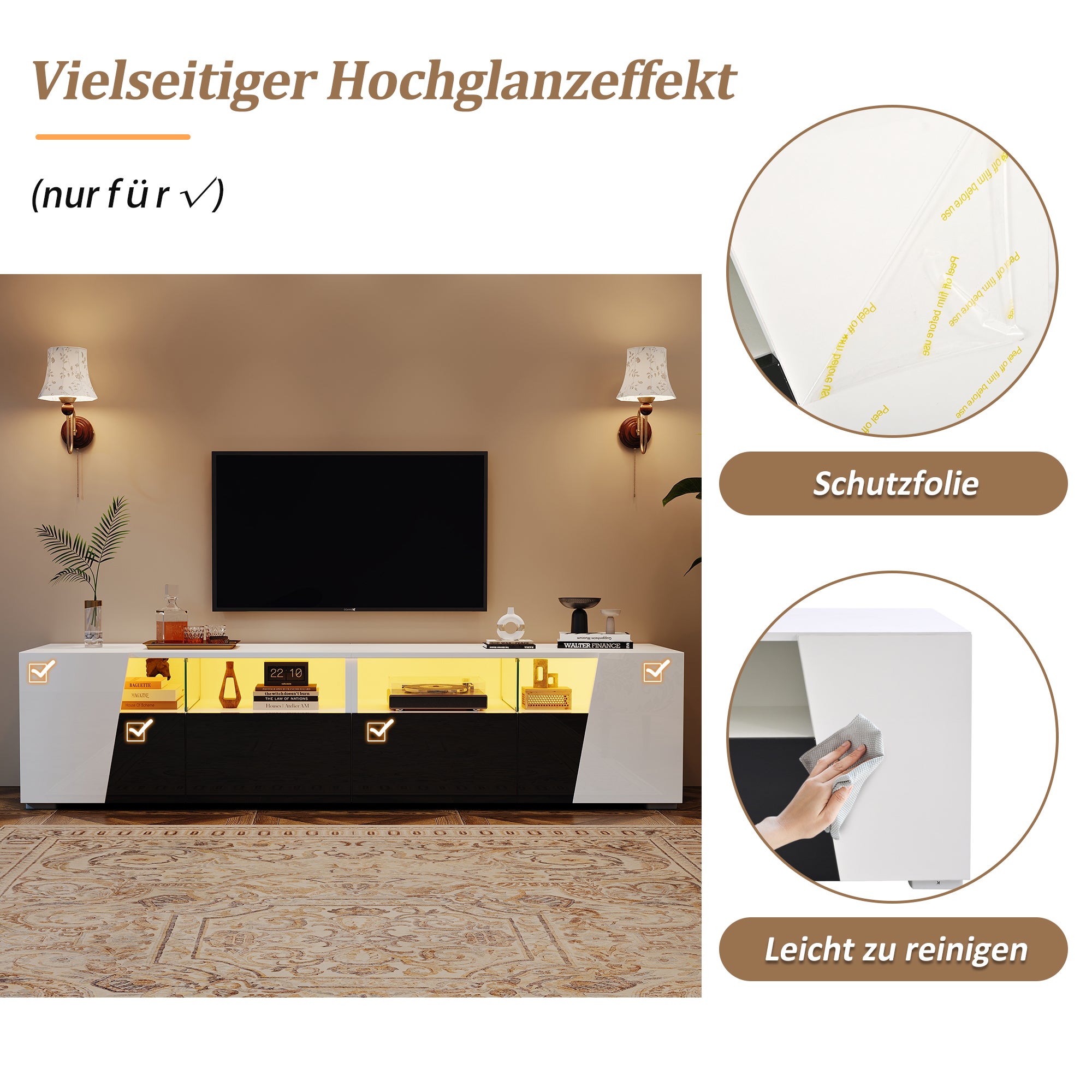 Stojak pod TV z 2 szufladami, 2 drzwiami i 2 przegrodami na telewizor 80 cali - 180 x 38,5 x 45 cm - diody LED - MDF + szkło - biały i czarny - 9