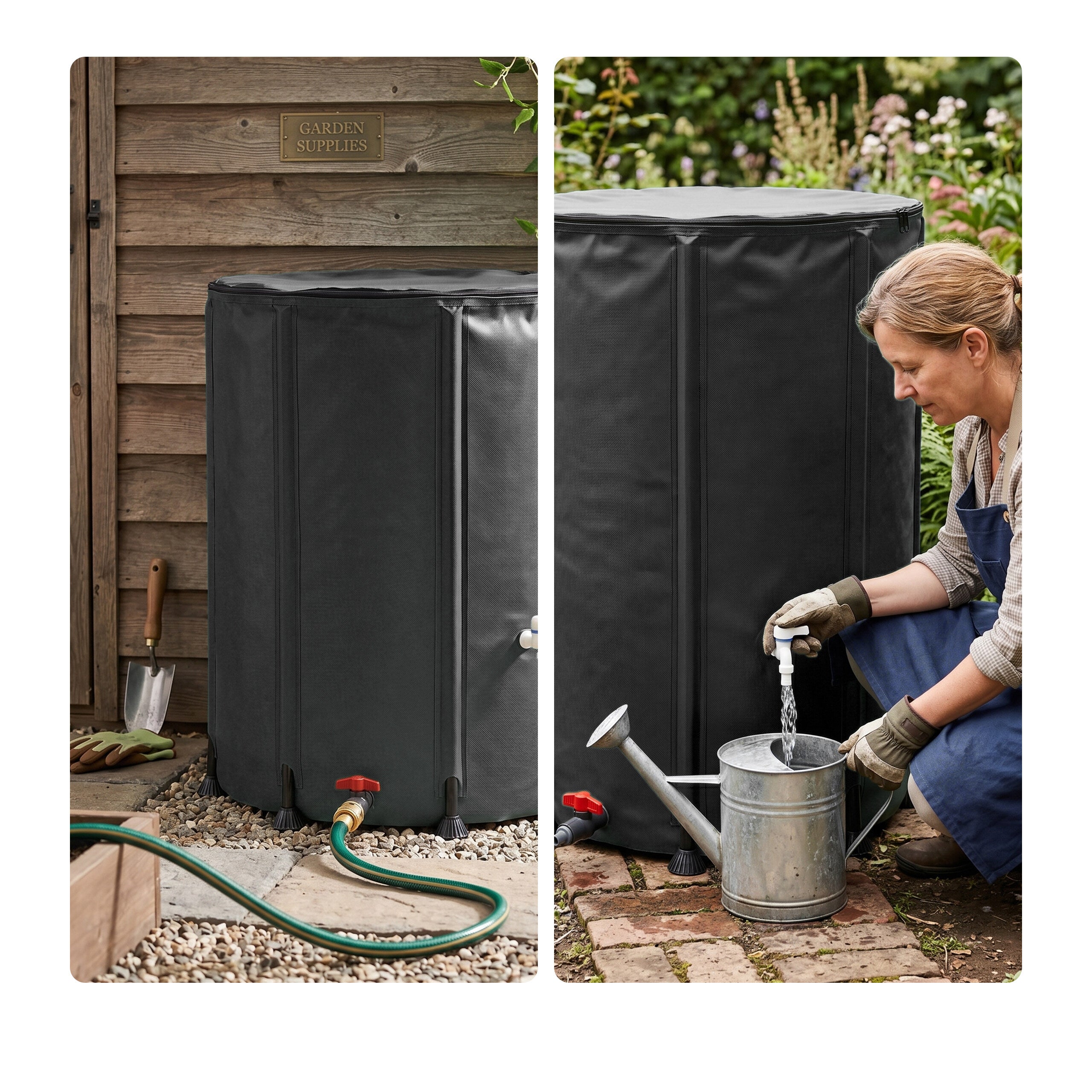 Depósito dobrável de água da chuva em PVC preto, 250 l, 80 x ø 60 cm, jardim e varanda, 2 torneiras, transbordo e tampa anti-folhas, Relaxdays - 5