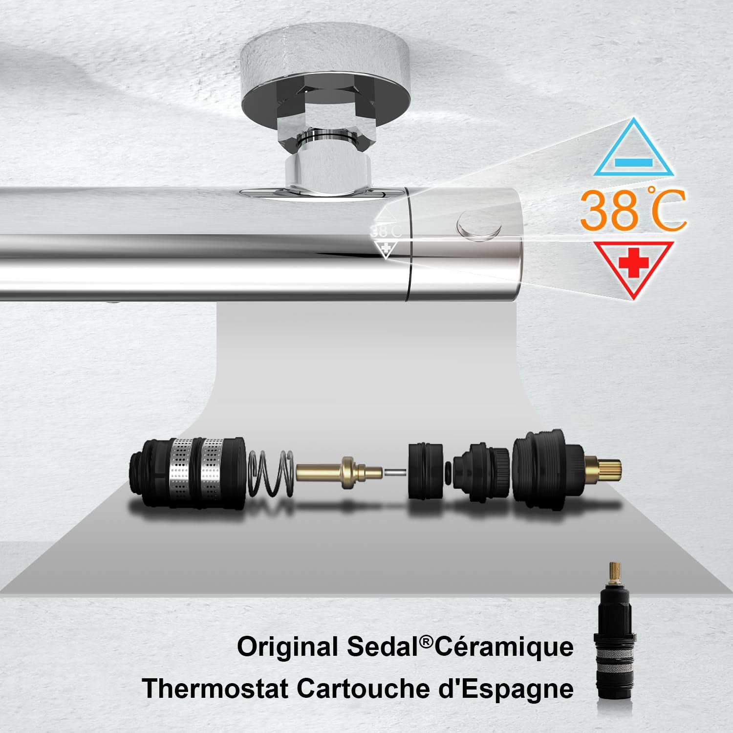 Görbach Mitigeur thermostatique de douche avec touche de sécurité 38 °C, Mitigeur thermostatique de douche, robinet de baignoire chromé pour douche - 4