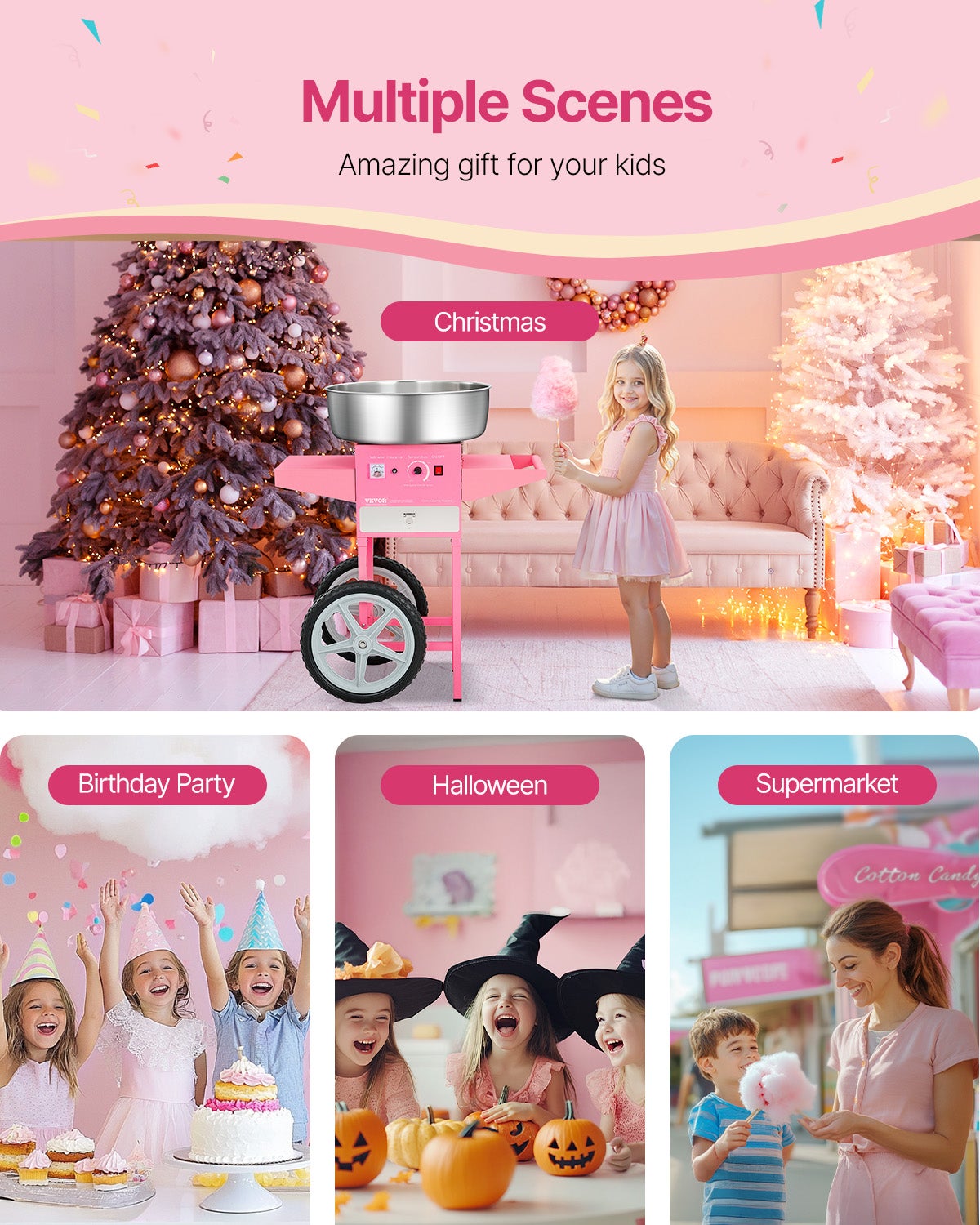 Macchina per zucchero filato VEVOR con carrello, elettrica 1000 W, ciotola in acciaio inox 52 cm, cucchiaio per zucchero e cassetto, rosa - 6
