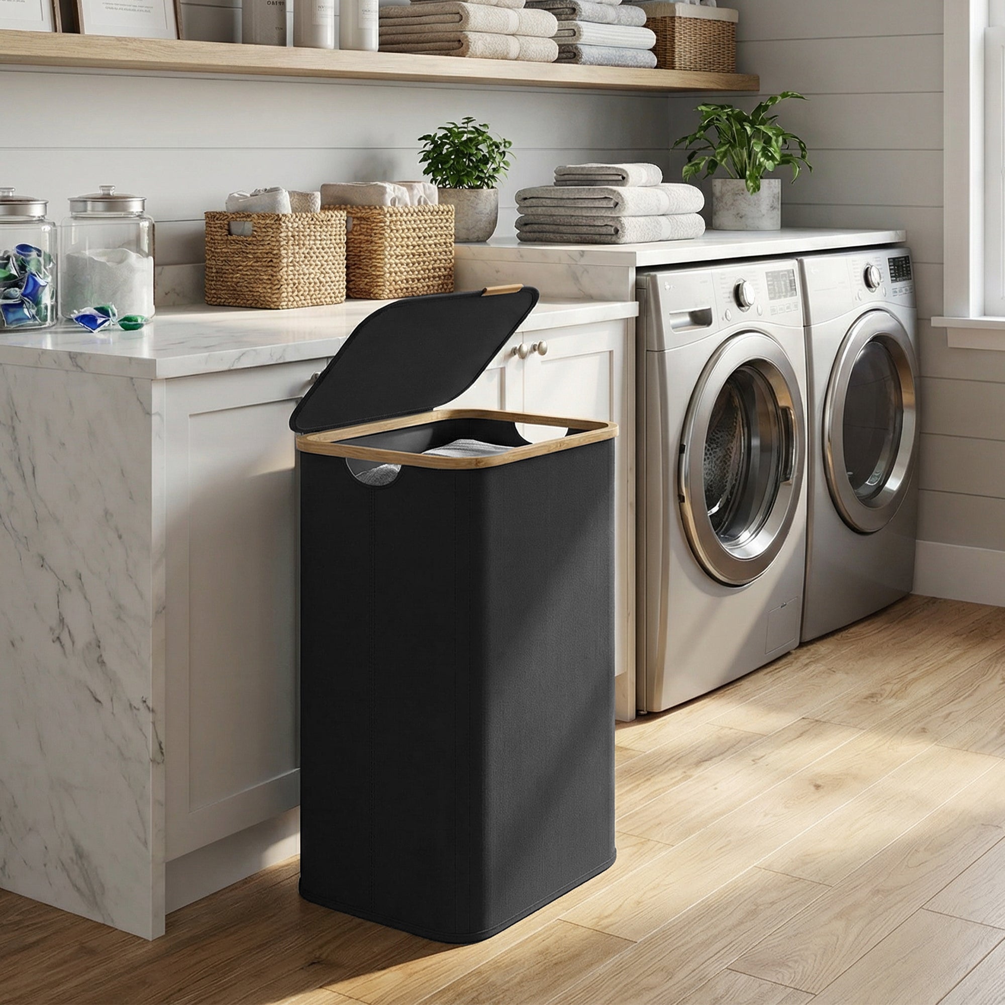 Panier à Linge Pliable en Tissu Oxford, Cadre en Bambou, pour Chambre, Buanderie, 100 L, Noir - 3