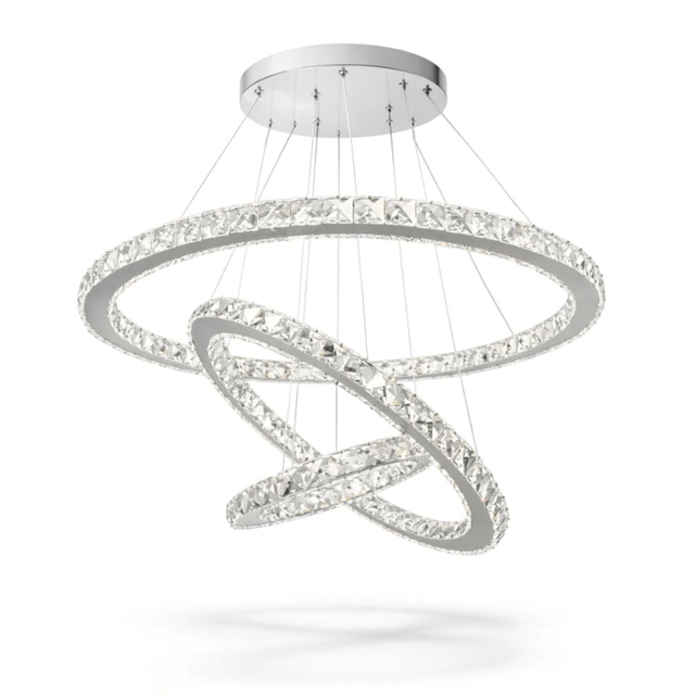 Lampadario cristallo LED sospensione 3 anelli regolabili acciaio inox cambio colore 3000K 6500K bianco caldo freddo design moderno eco-friendly MAKA