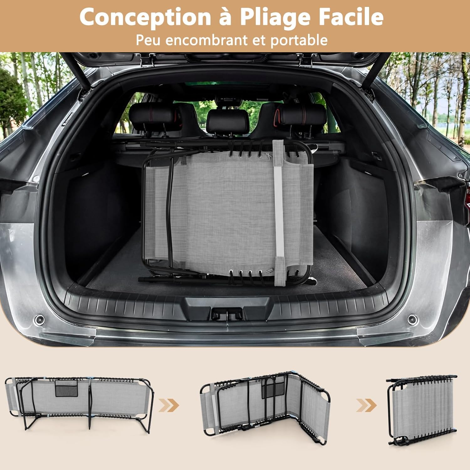 Leżak do opalania z zagłówkiem i kieszenią boczną, składany leżak ogrodowy z regulowanym oparciem, leżak plażowy, obciążenie do 150 kg, (kolor szary) - 7