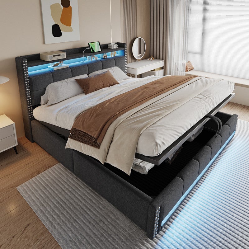 Tapicerowane łóżko skrzyniowe 180x200 cm - z oświetleniem LED - z USB - lniane - szare (materac nie wchodzi w skład zestawu)