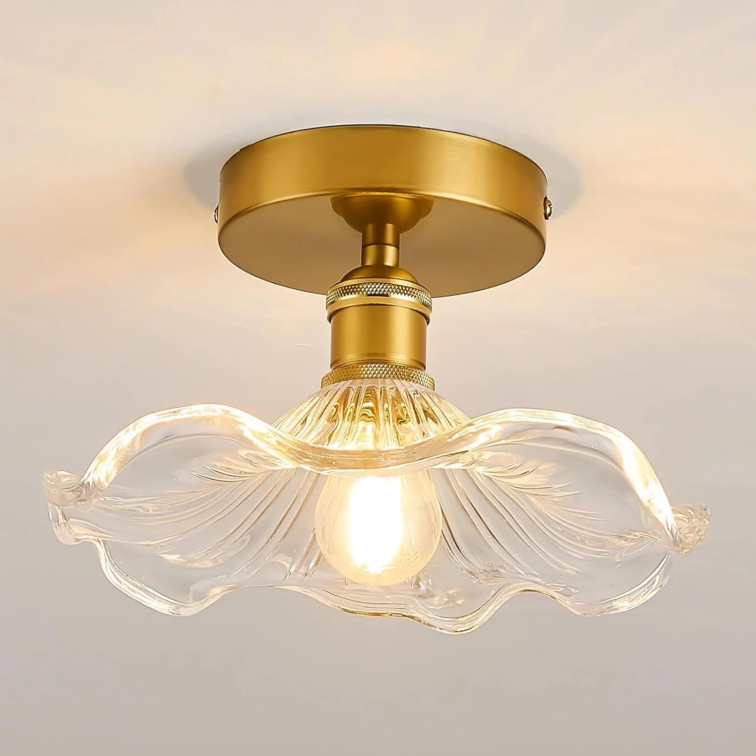 Nowoczesna lampa sufitowa na werandę, lampa sufitowa wpuszczana, [mosiężna + przezroczysta], światło trójbarwne, 220 V, gniazdo E27