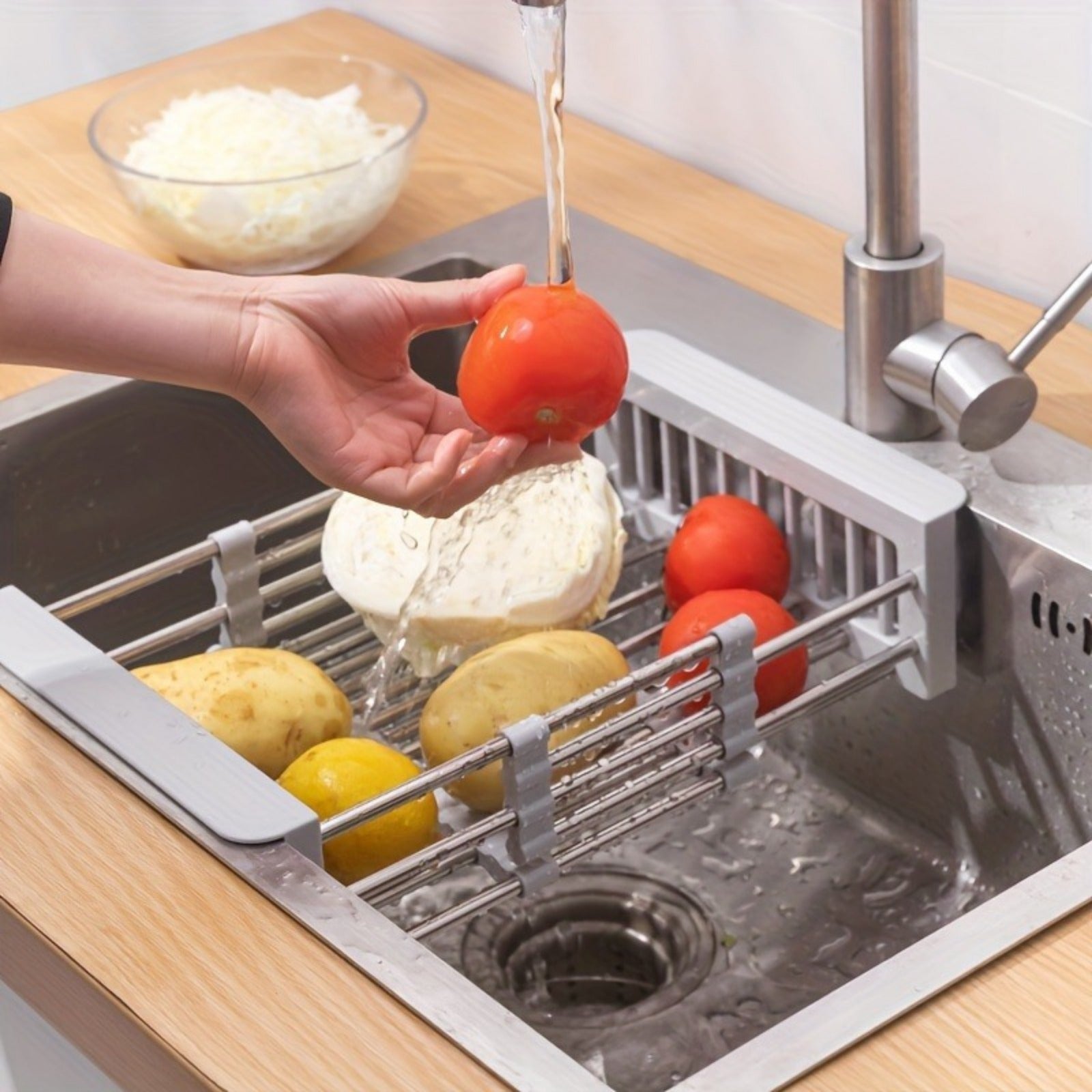 Égouttoir extensible pour évier de cuisine, panier à vaisselle en acier inoxydable, organisateur d'évier gain de place - 3