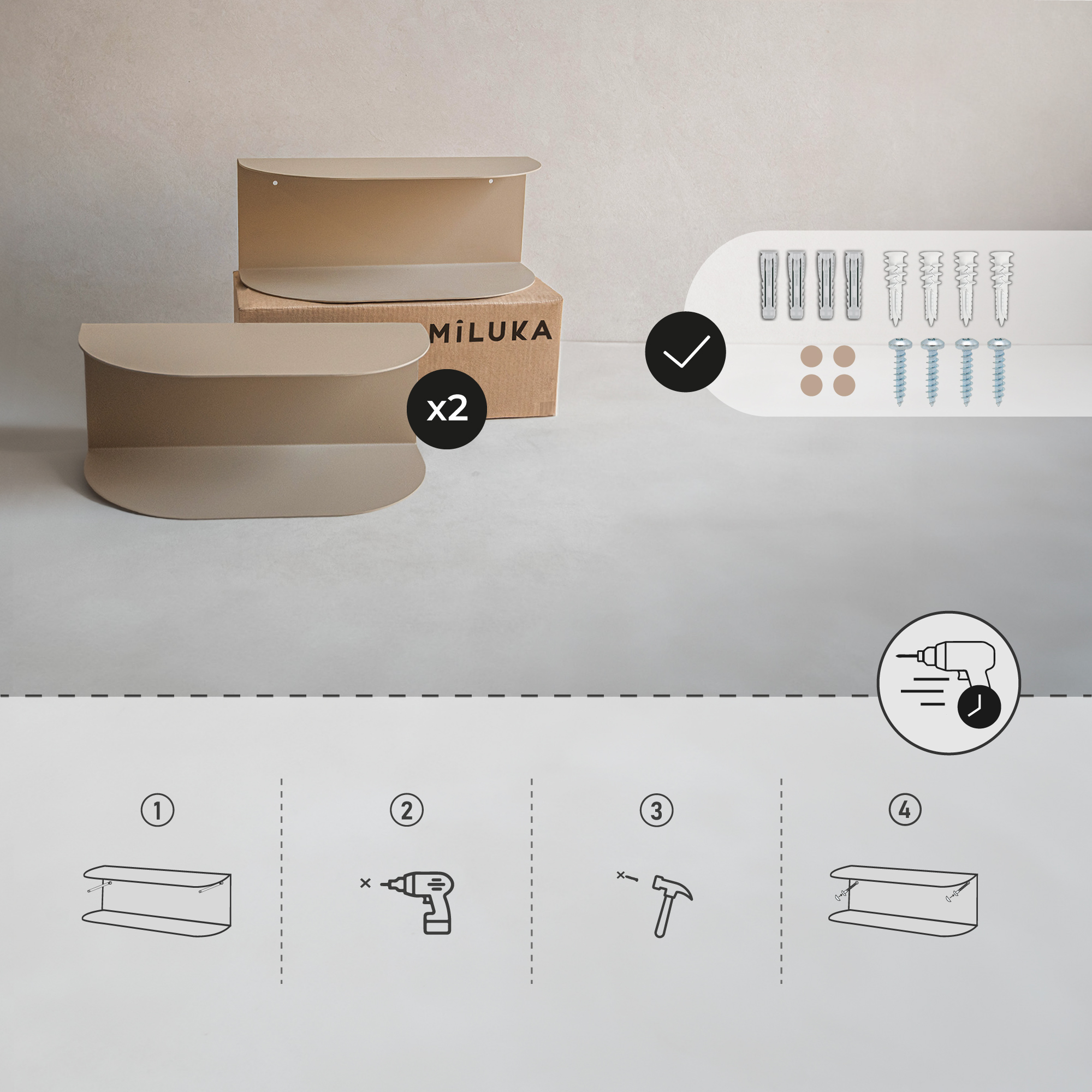 Lot de 2 Table de nuit suspendue en métal Beig Sable, Ovva | Etagere murale design à deux niveaux L.40 x P.17 cm, Ep.13 cm - MILUKA - 7