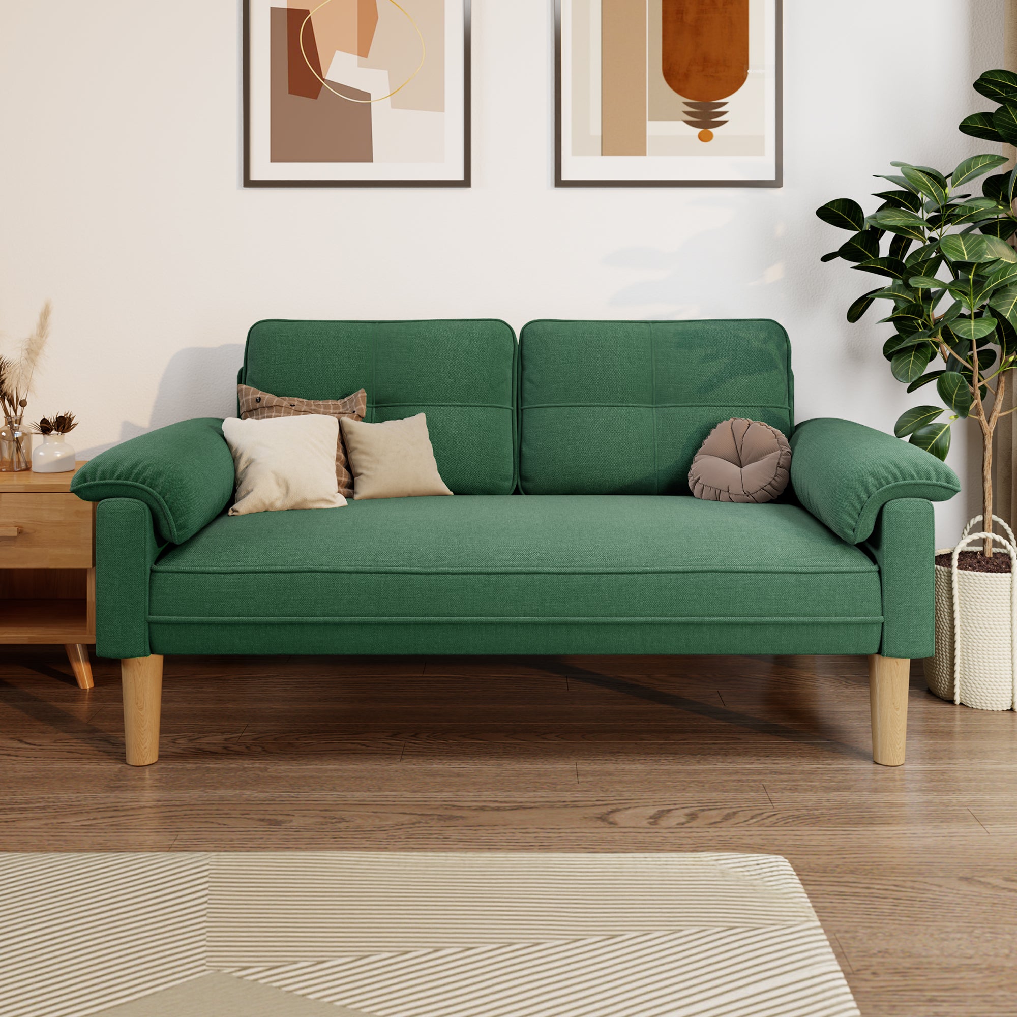 Canapé 2 places vert en tissu,design scandinave,assise confortable,pieds en bois,pour salon et petit espace,145 x 77 x 77 cm - 8