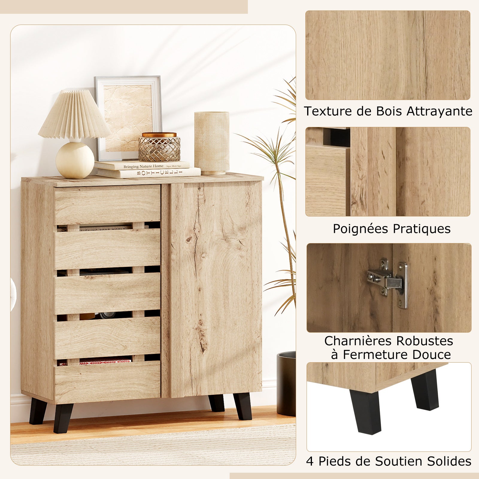Armoire à Chaussures 4 Niveaux, Organisateur de Rangement avec Porte à Persiennes et étagères Amovibles, Armoire à Chaussures en Bois Style Ferme - 2