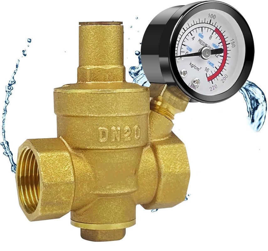Riduttore Di Pressione Acqua In Ottone DN15 1/2″ – Regolabile Con Manometro, Pressione Max 1.6 MPa, Per Impianti Domestici E Industriali