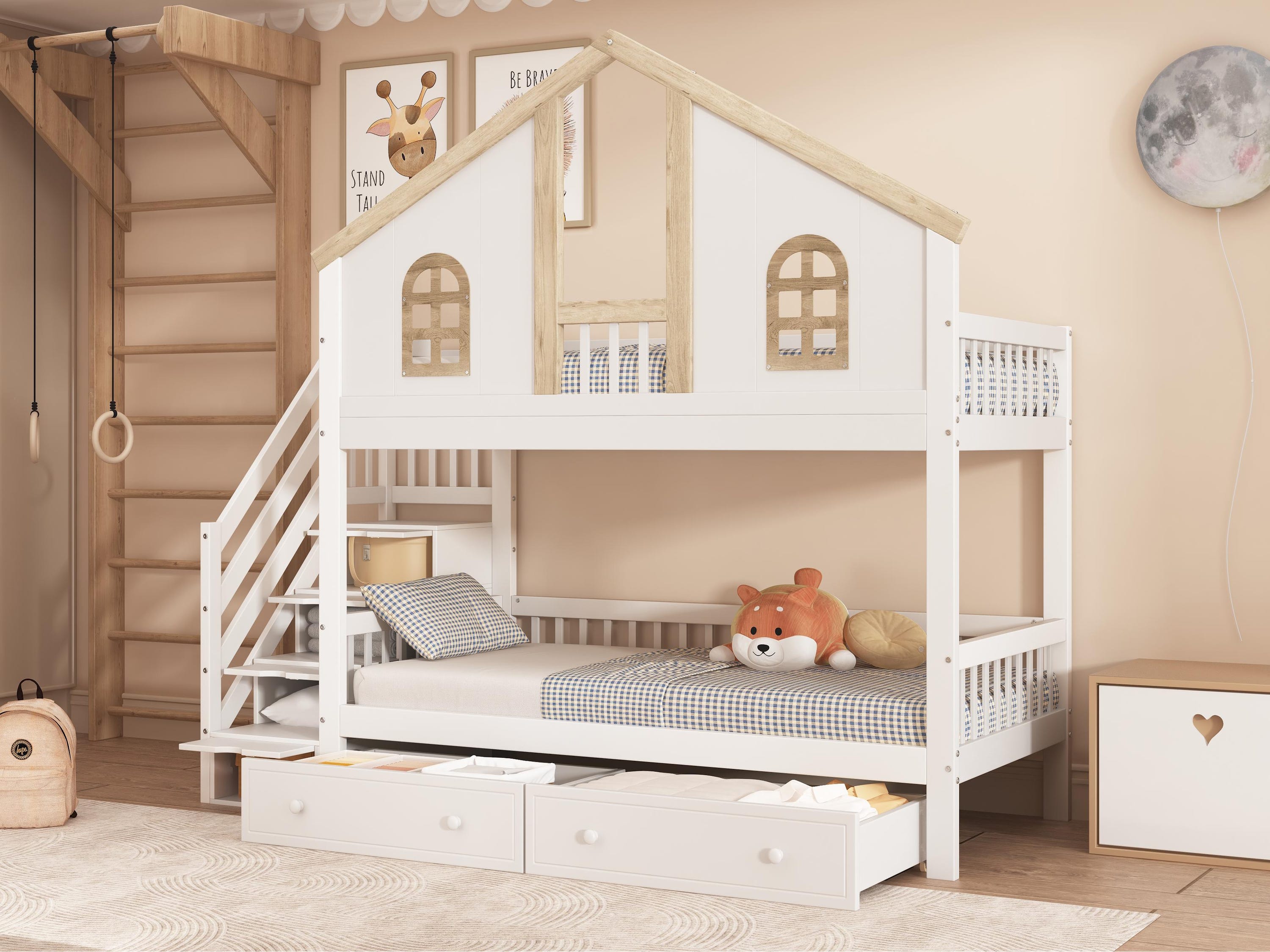Lit superposé pour enfant incl. espace de rangement (2 tiroirs) | 90 x 200 cm Lit superposé pour enfant incl. espace de rangement (2 tiroirs) | 90 x 200 cm
