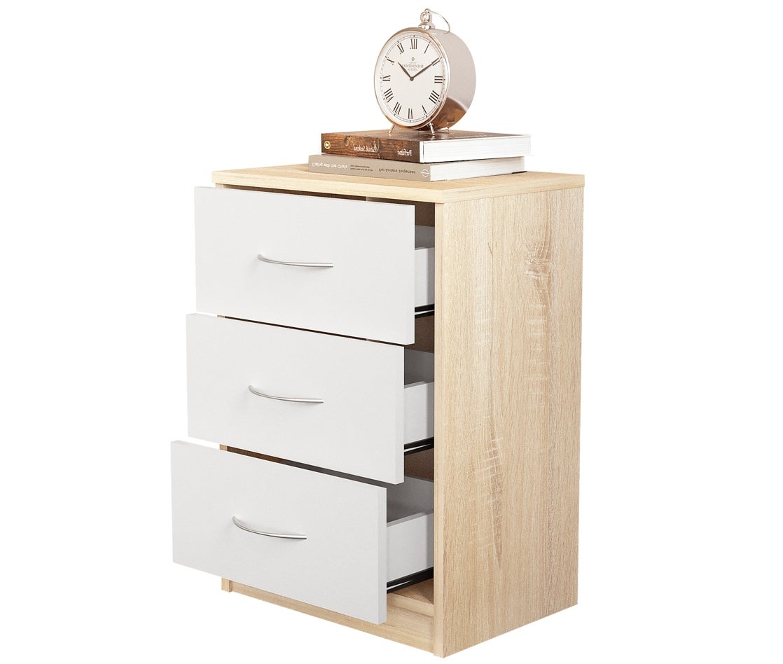 Mesita de noche habitación 3 cajones Roble / Blanco melamína 57x39x28 cm Dormidán - 2