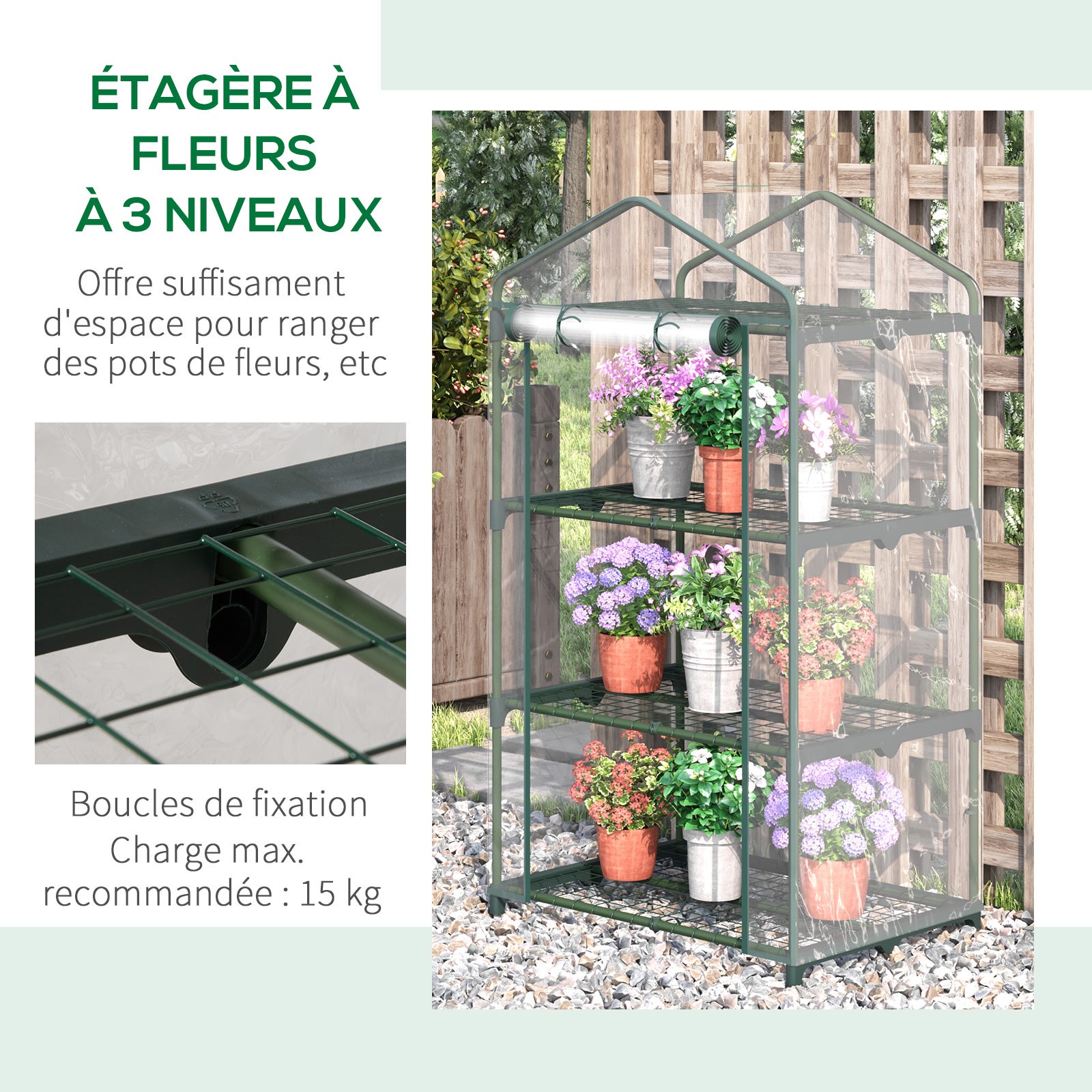 Serre de jardin avec étagères 3 niveaux, serre de balcon, bâche renforcée PVC,pour légumes plantes fleurs, 69 x 49 x 125 cm, transparent - 8