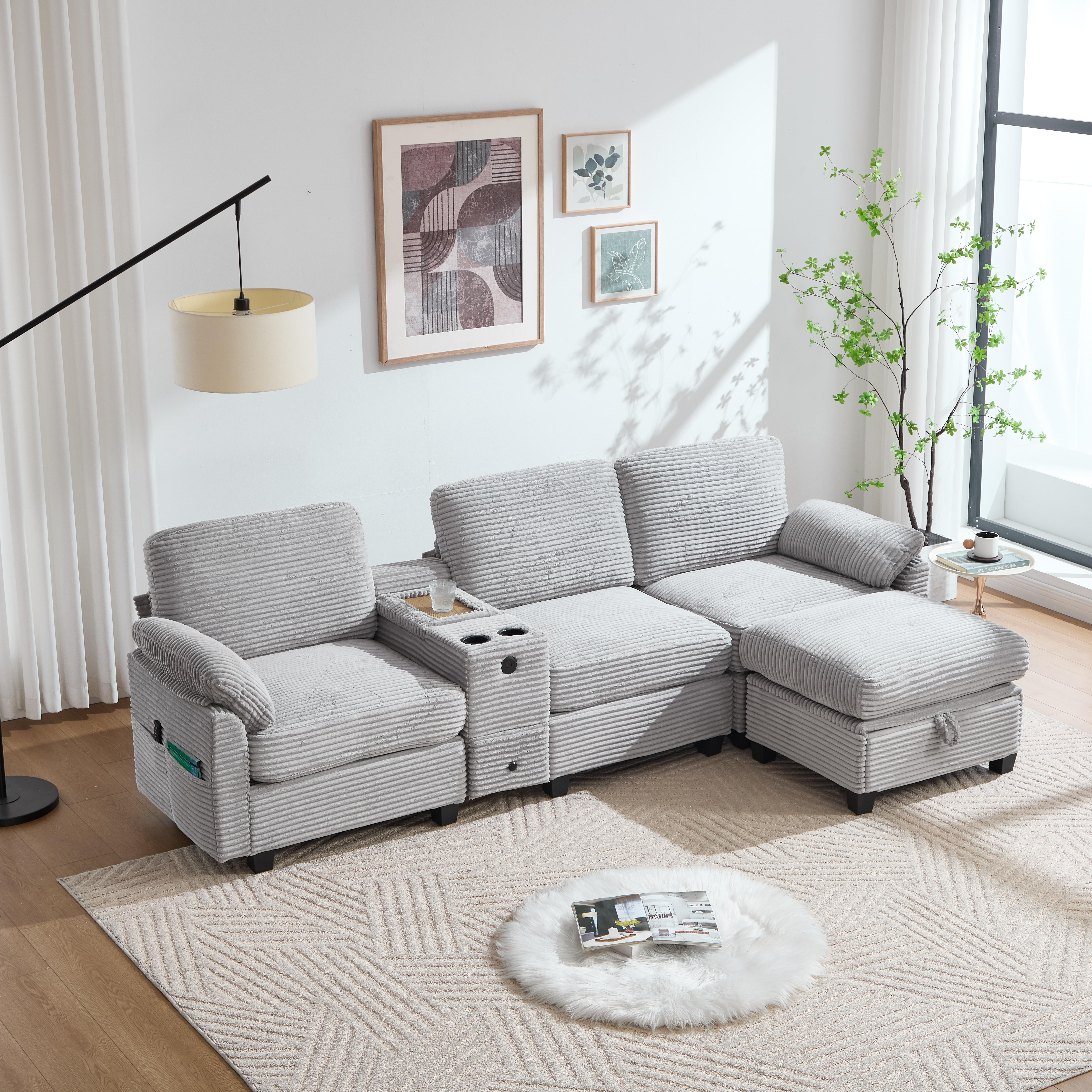 Canapé d'angle 3 places avec 2 porte-gobelets, prises USB et Type-C