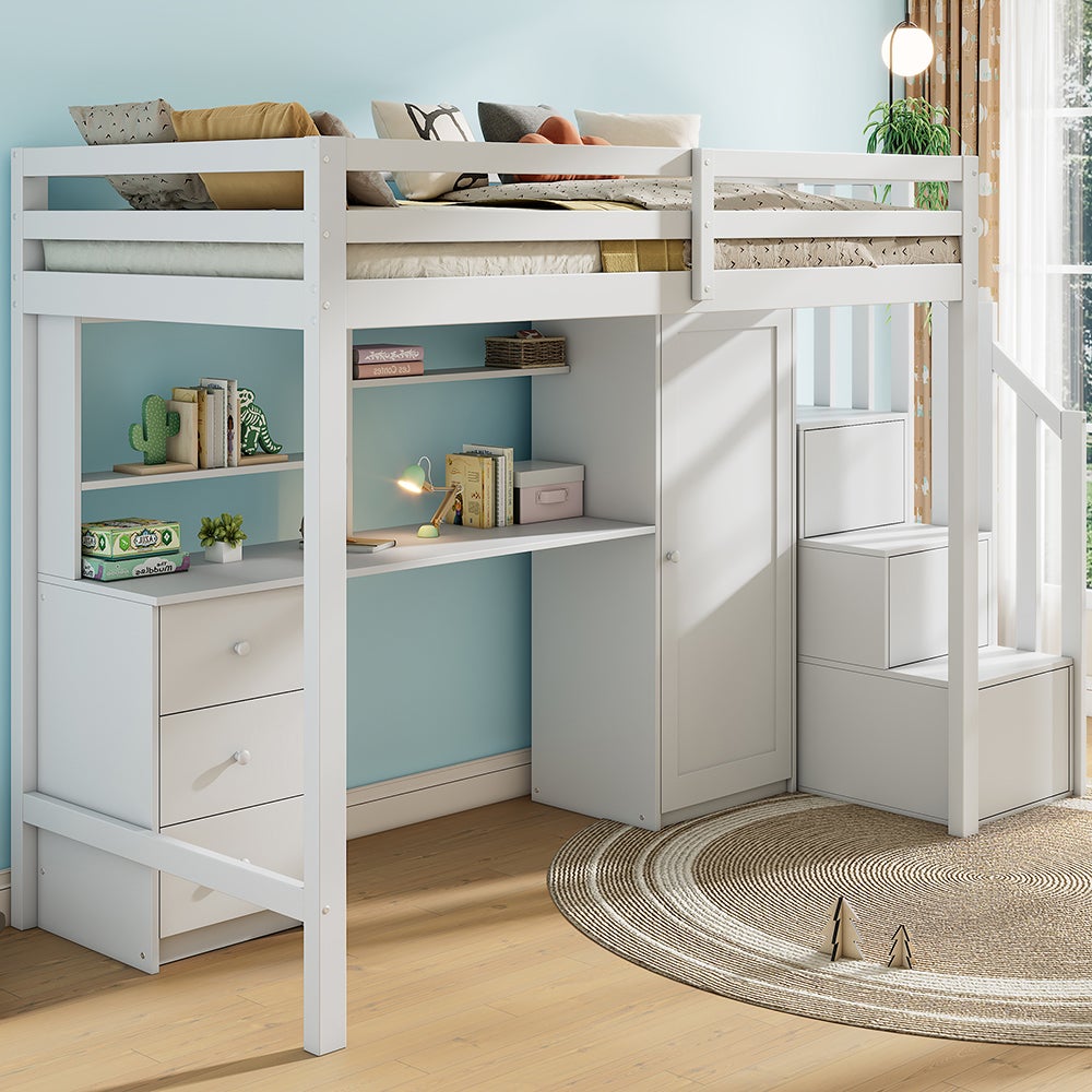 Avec bureau et armoire, escalier, lit superposé pour enfants, avec tiroirs et armoire d'escalier, 90*200 cm, blanc - 4