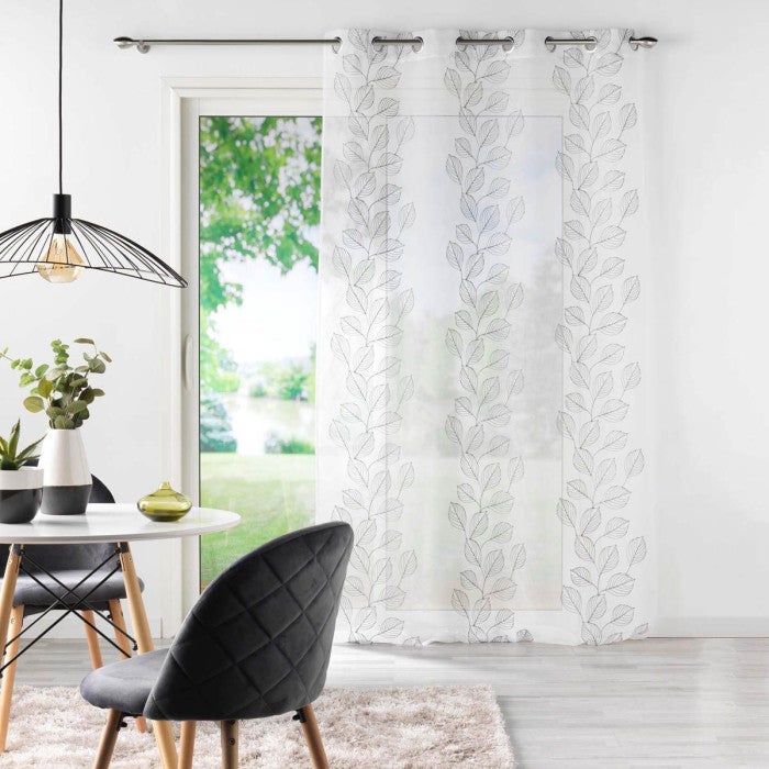 Voilage sablé et brodé de feuilles - Gris clair - 140x240 cm - Polyester - 4