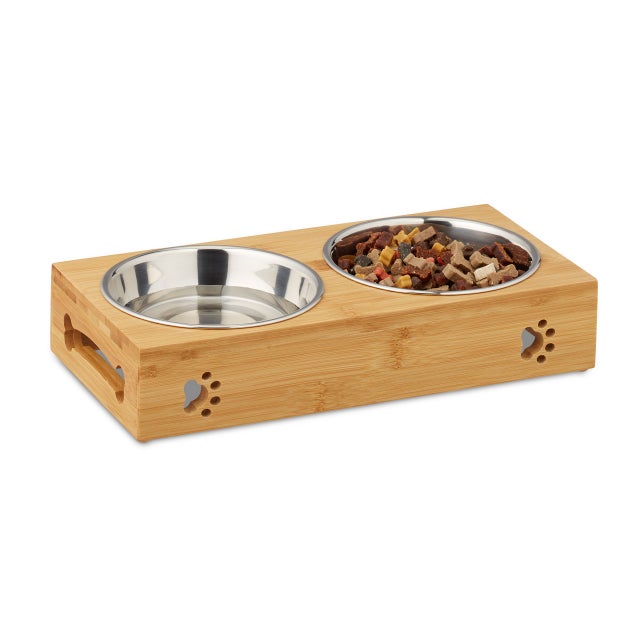 Barra de alimentação para cães pequenos, 2 tigelas de 300 ml, elevada, bambu e inox, HBT: 6,5x31,5x15 cm, Relaxdays