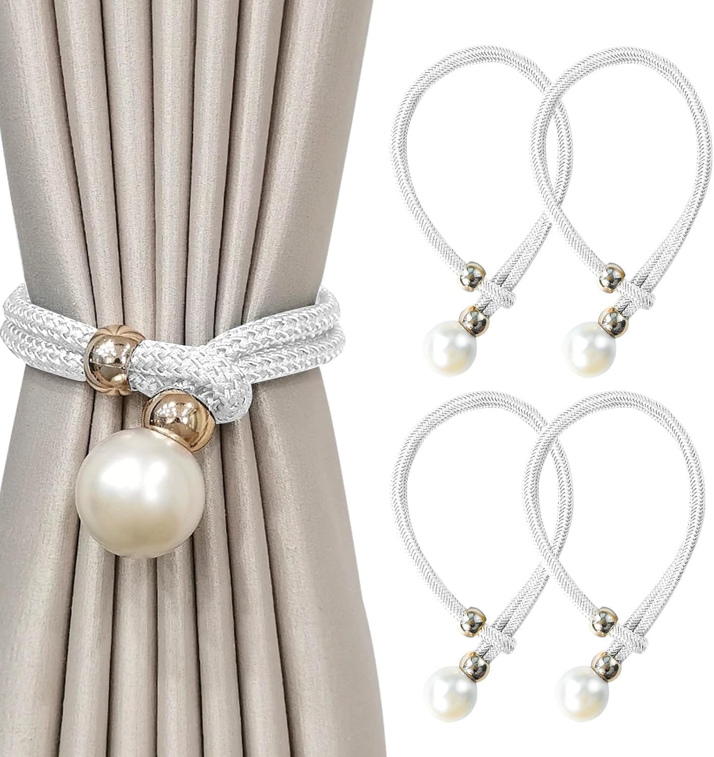 4 Fermatenda Con Perle Regolabili - Corda In Poliestere Con Perle Finte - Accessorio Per Tende Moderne