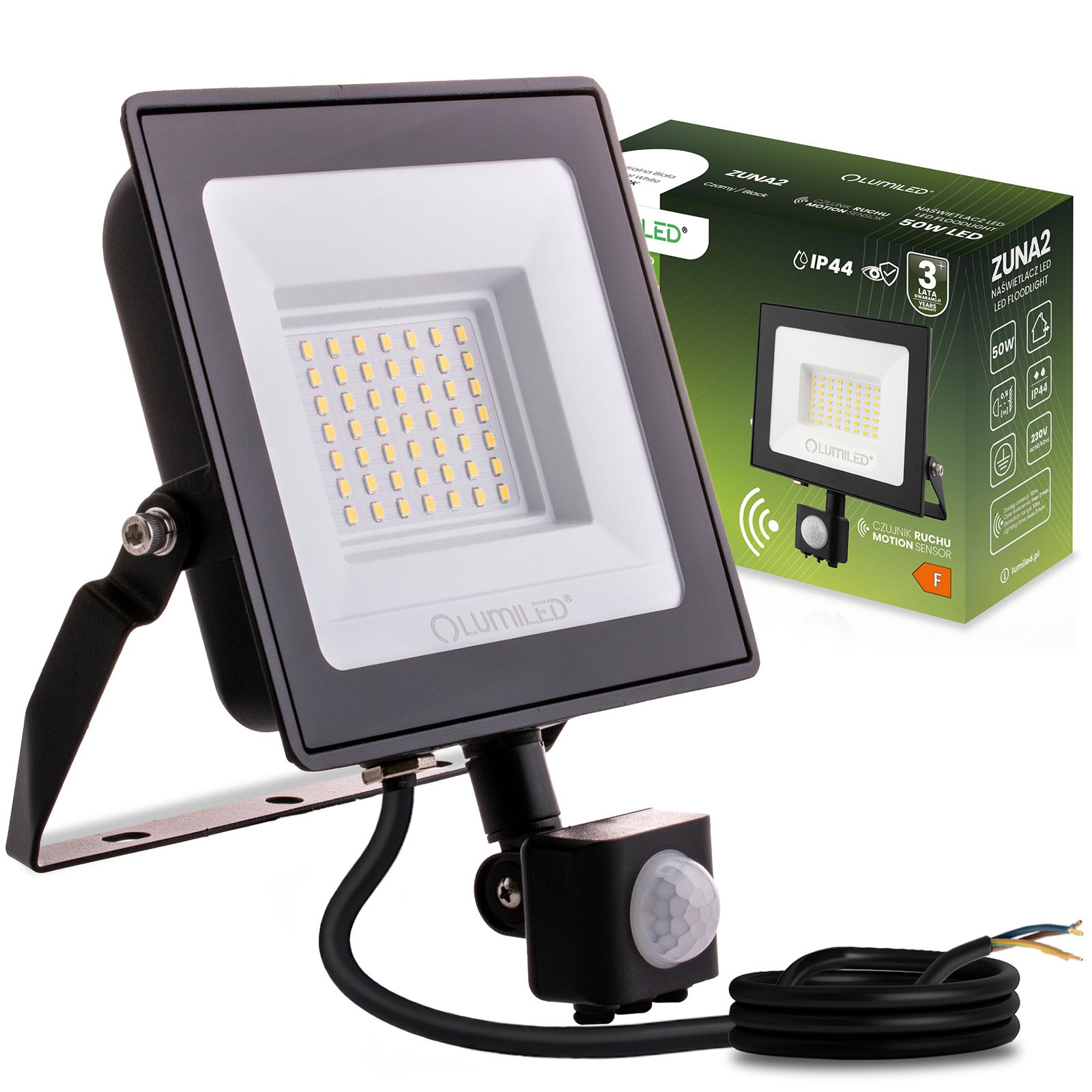 Naświetlacz LED Lumiled 50W 4500lm 4000K Neutralna biel IP44 Czarny Czujnik Ruchu 1 szt.