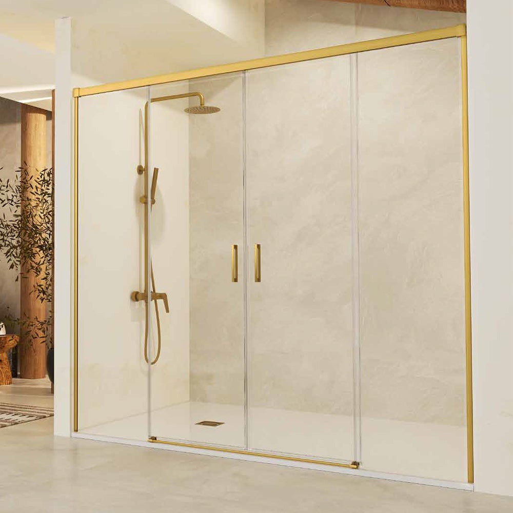Mampara Douche Frontale 2 Fixes + 2 Portes Coulissantes | Verre Trempé 6 mm Anticalcaire | Profilé Or brossé 180cm (adap. 176,1-181) - 5