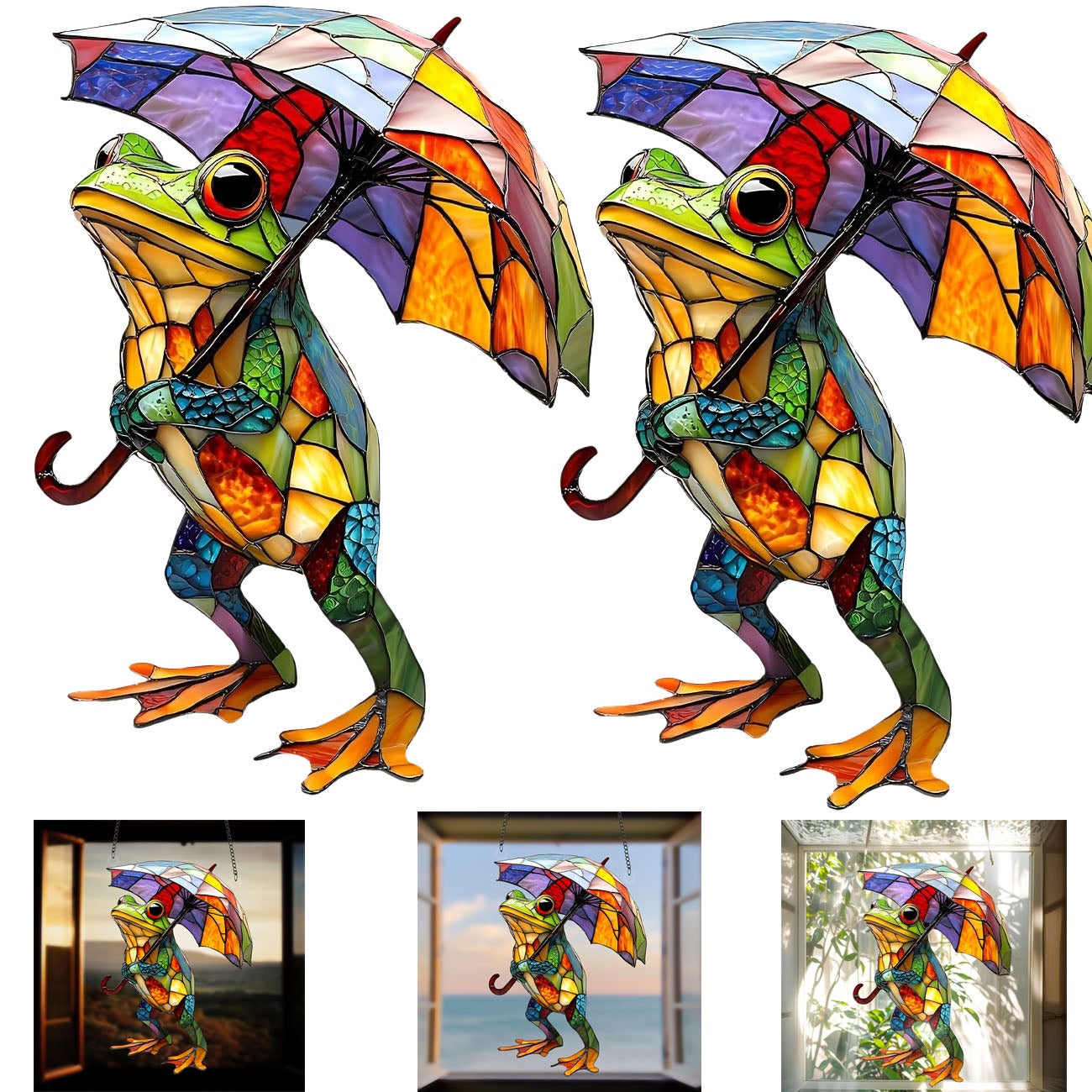 Zestaw 2 żab z kolorowym parasolem, łapacz słońca, dekoracja ogrodowa, ozdoby okienne zewnętrzne, do domu i ogrodu, 20 x 15 cm