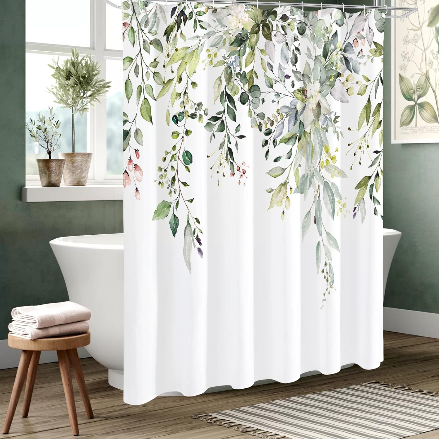 Tenda Doccia In Tessuto Con Foglie Di Eucalipto – Verde Salvia 137x183 Cm – Set Con Ganci – Stampa Botanica Acquerello