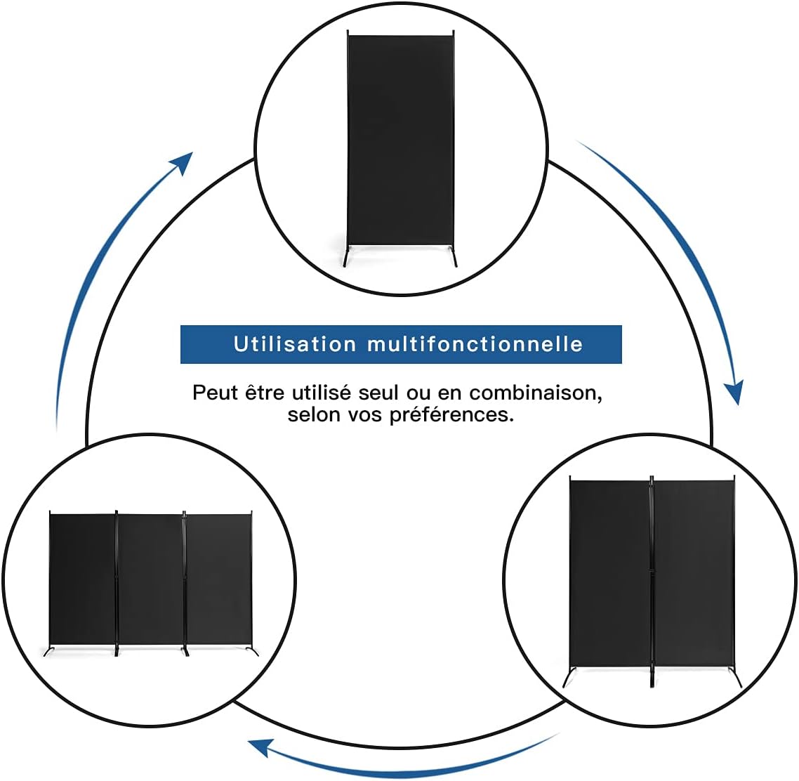 Cloison à 3 Panneaux, Paravent Pliable avec Charnières Résistantes en Acier, Cloison Autoportante, 260 x 183cm (Noir) - 6