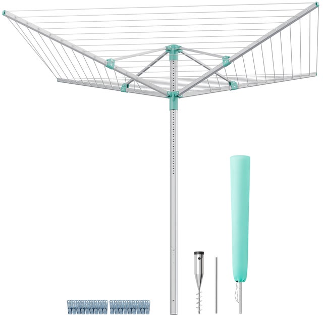 Étendoir à Linge Extérieur Réglable, en Alliage d'Aluminium, avec Housse et Pinces, Corde 60 m, Argent et Vert