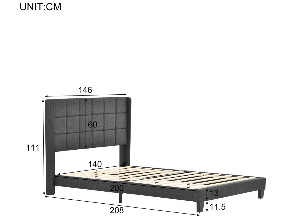 Łóżko tapicerowane z lnu - 140x200cm - z wezgłowiem i stelażem na listwy - Szare - 5