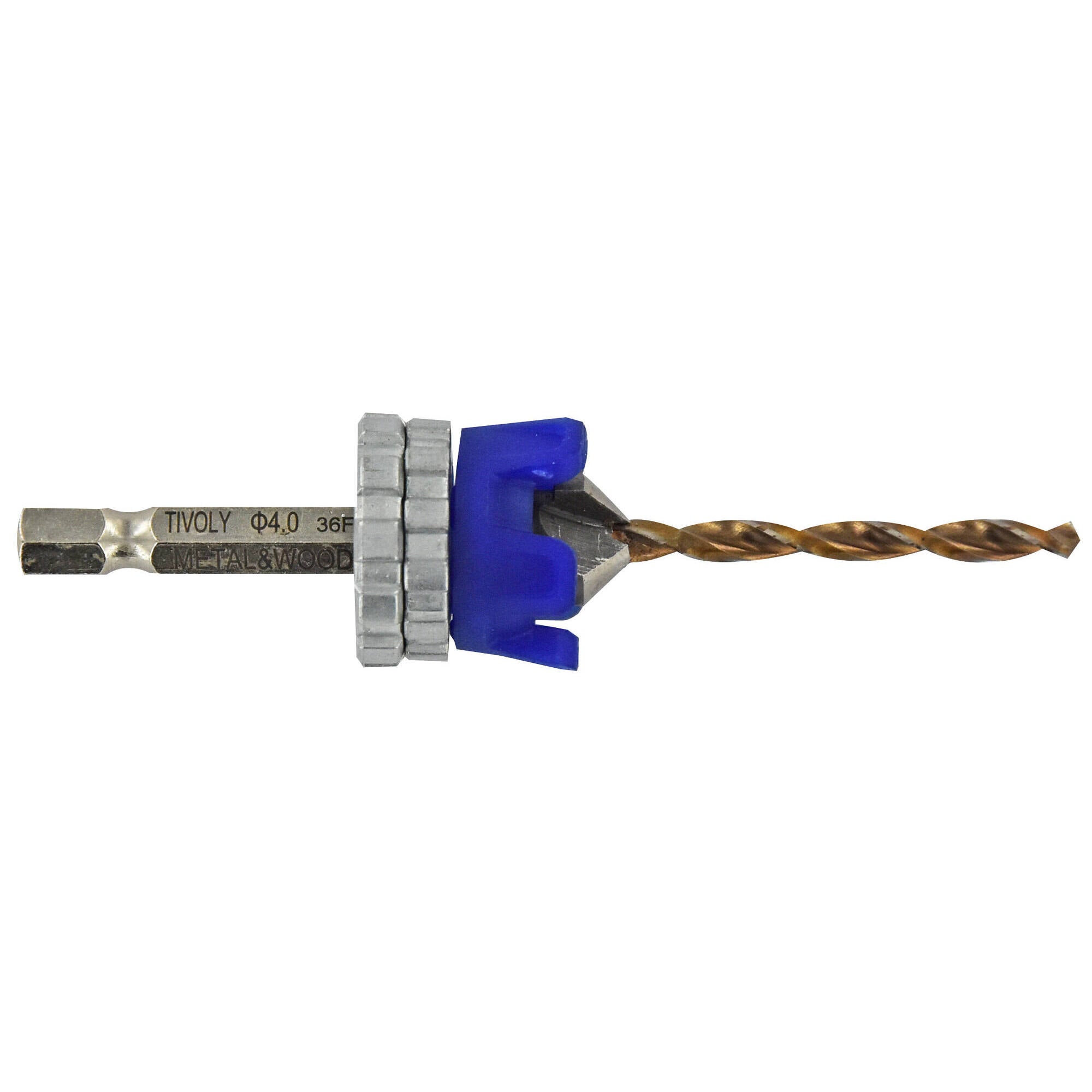 TIVOLY - Kit punte + Fresa per legno/metallo - Punte a gambo esagonale Ø4 mm - Fresa per noci HSS 90° + stop di profondità regolabile
