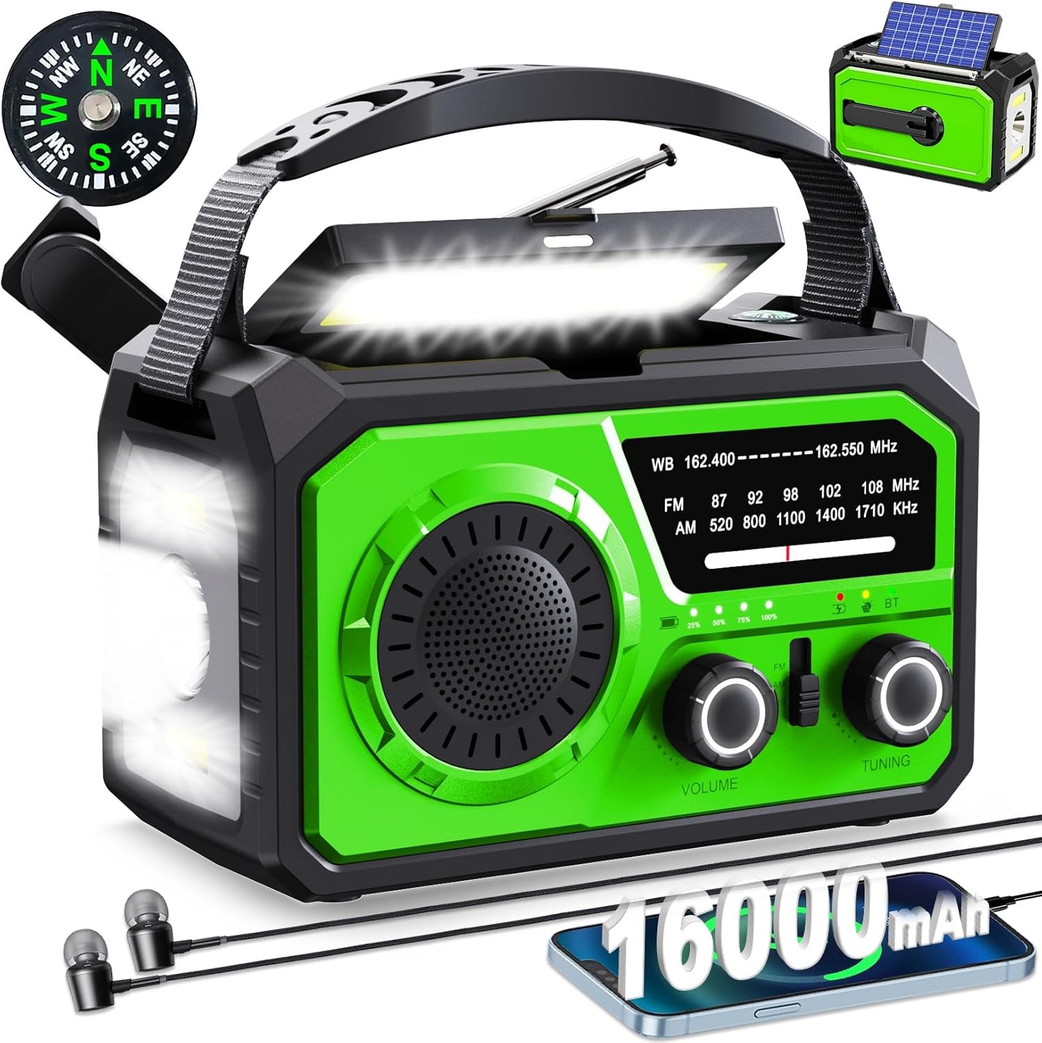 Radio pogodowe z korbką 16000 mAh, radio solarne NOAA AM/FM 59200 mWh z latarką, kompasem i funkcją SOS, kempingowe (zielone).