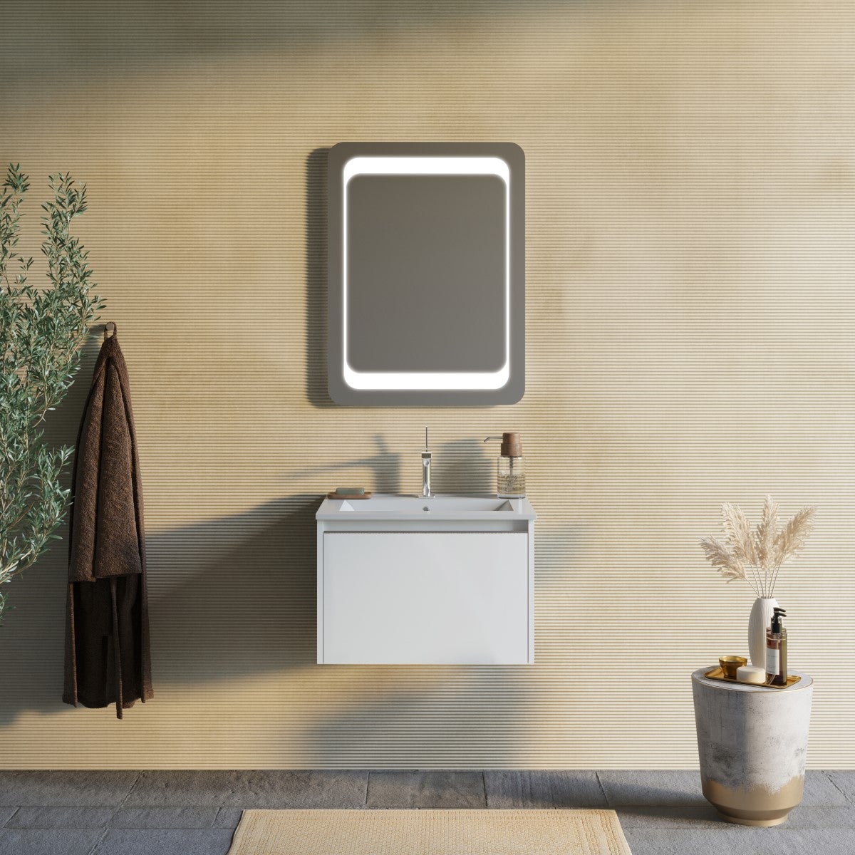 Mueble de baño blanco mate de 60cm con espejo led de 60x80 | monaco