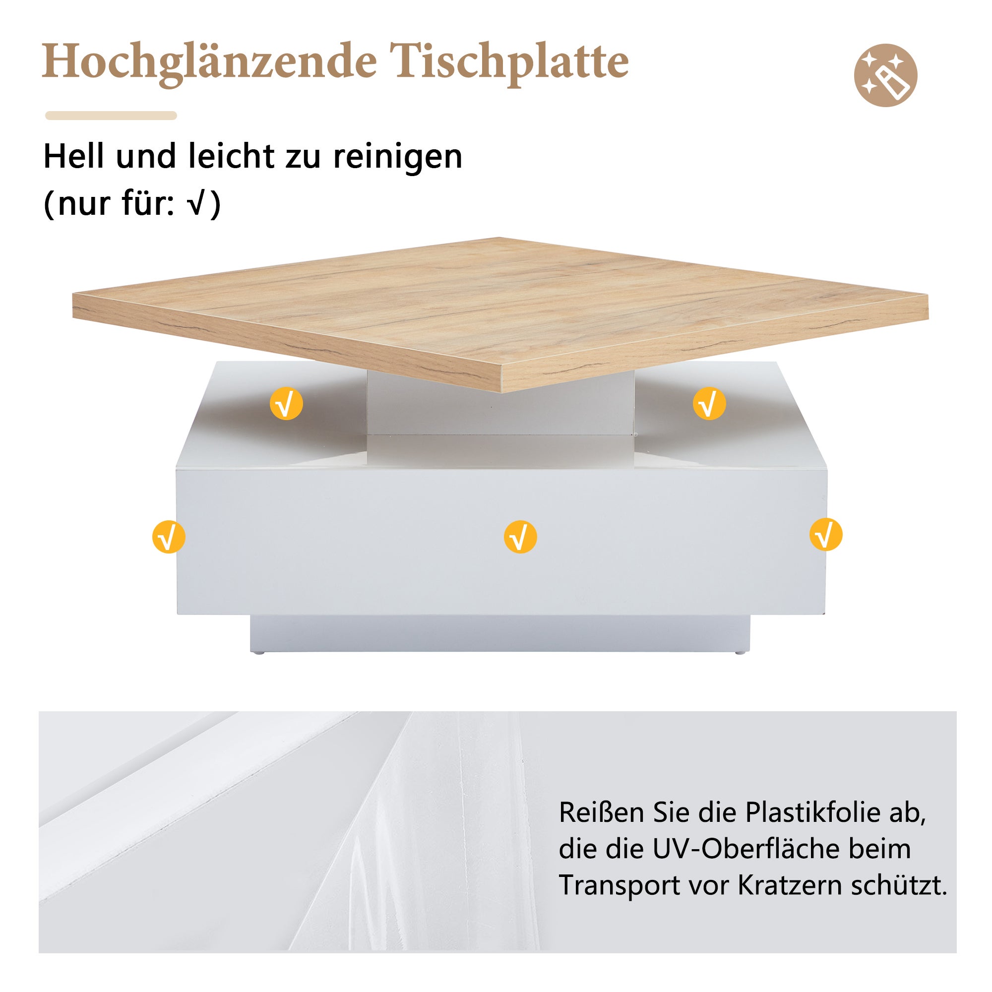 Table basse carrée avec 1 tiroir et plateau pivotant à 360° - 70 x 70 x 36 cm - Panneaux de particules - Blanc et noyer - 7