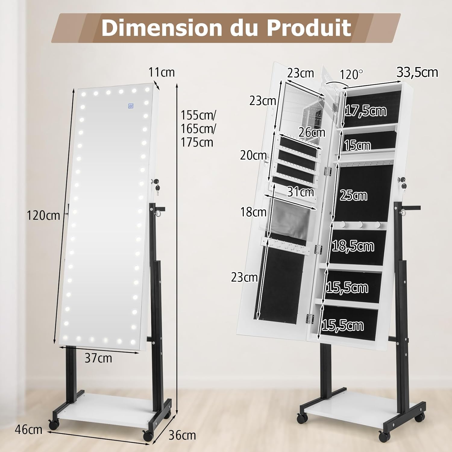 Armoire à Bijoux Miroir Pleine Longueur avec LED Réglable en Hauteur et en Angle-Roues Universelles et Porte-manteau, Blanc - 8