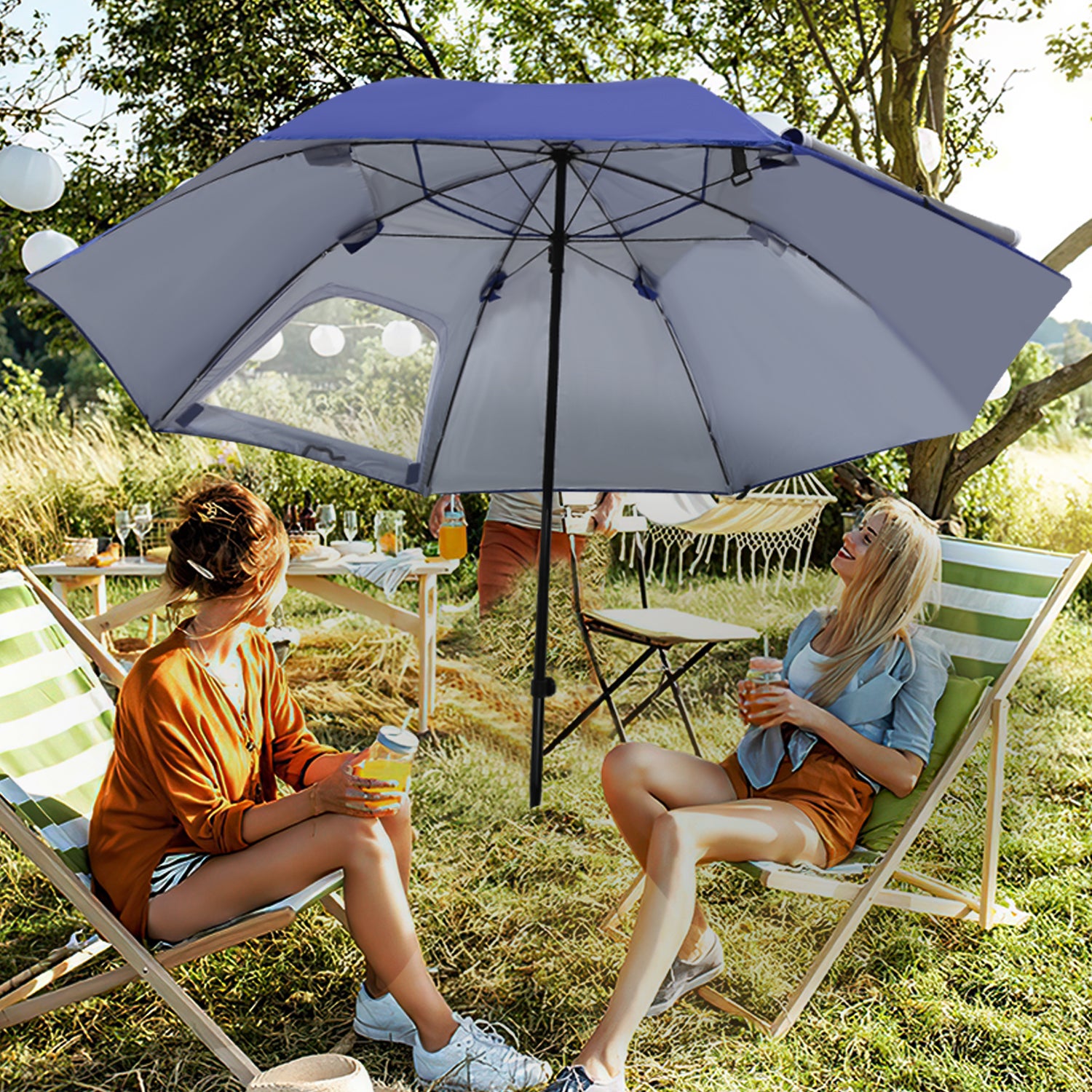 Parasol de plage ou jardin 210 cm avec protection UV, en bleu, en polyester durable, avec piquet, avec ou sans côté - 7
