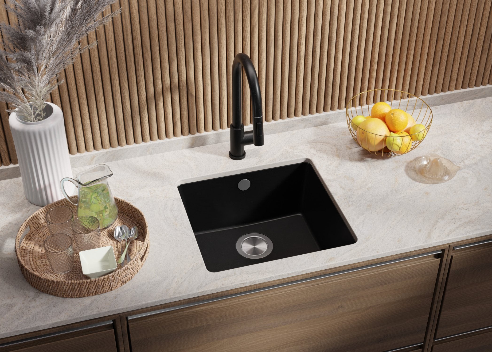 Lavandino sottotop Tutto Nero 46x44cm, Lavello in Granito a 1 vasca + Sifone Classico + Accessori, Lavabo da Cucina al mobile 50cm PRIMAGRAN - 2