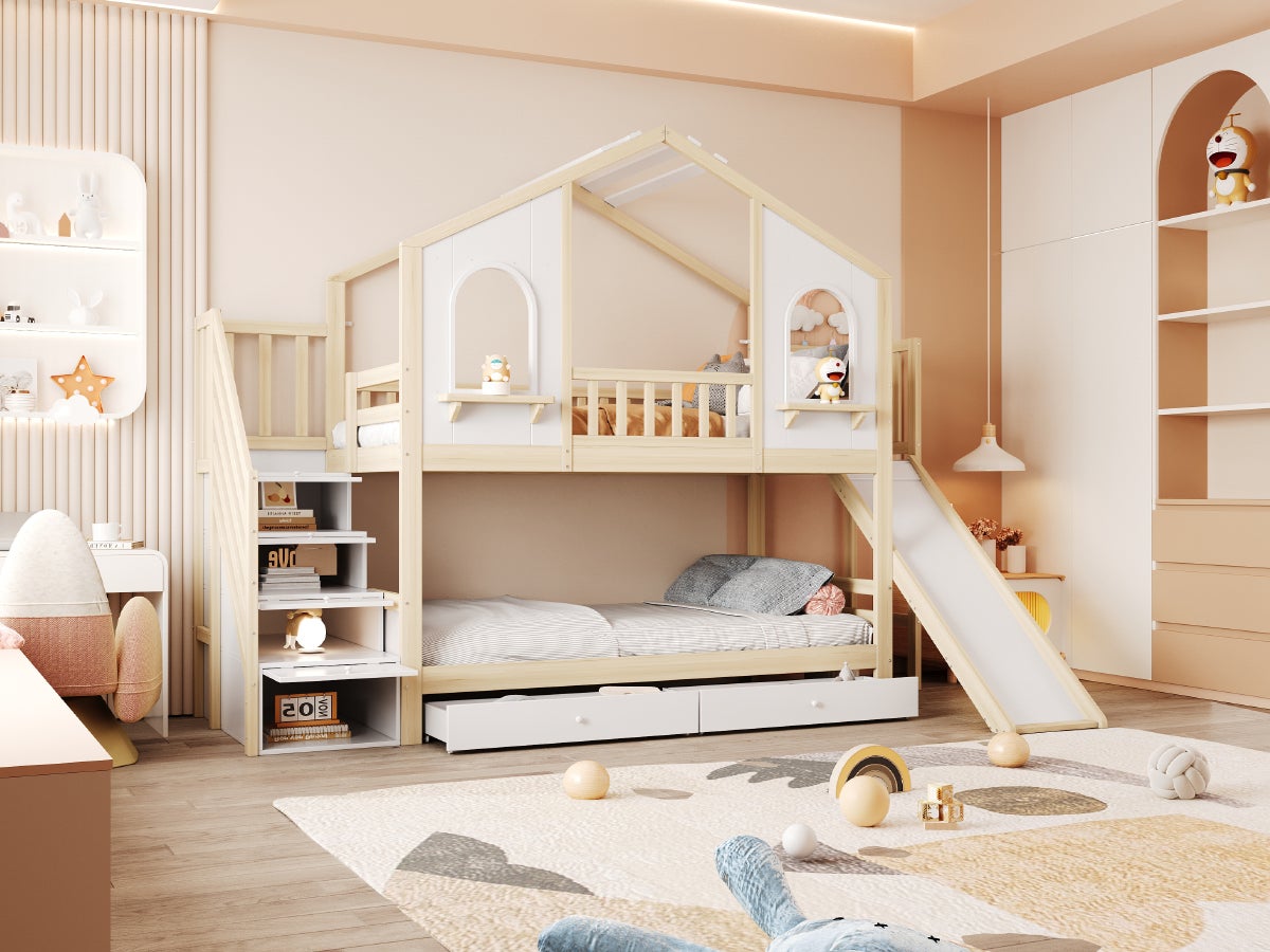 Łóżka piętrowe 2 x 90 x 200 cm ze zjeżdżalnią, 2 szufladami i 3 drzwiami - Sosna + sklejka + MDF - Naturalny + biały (Materace nie są wliczone w cenę) - 5