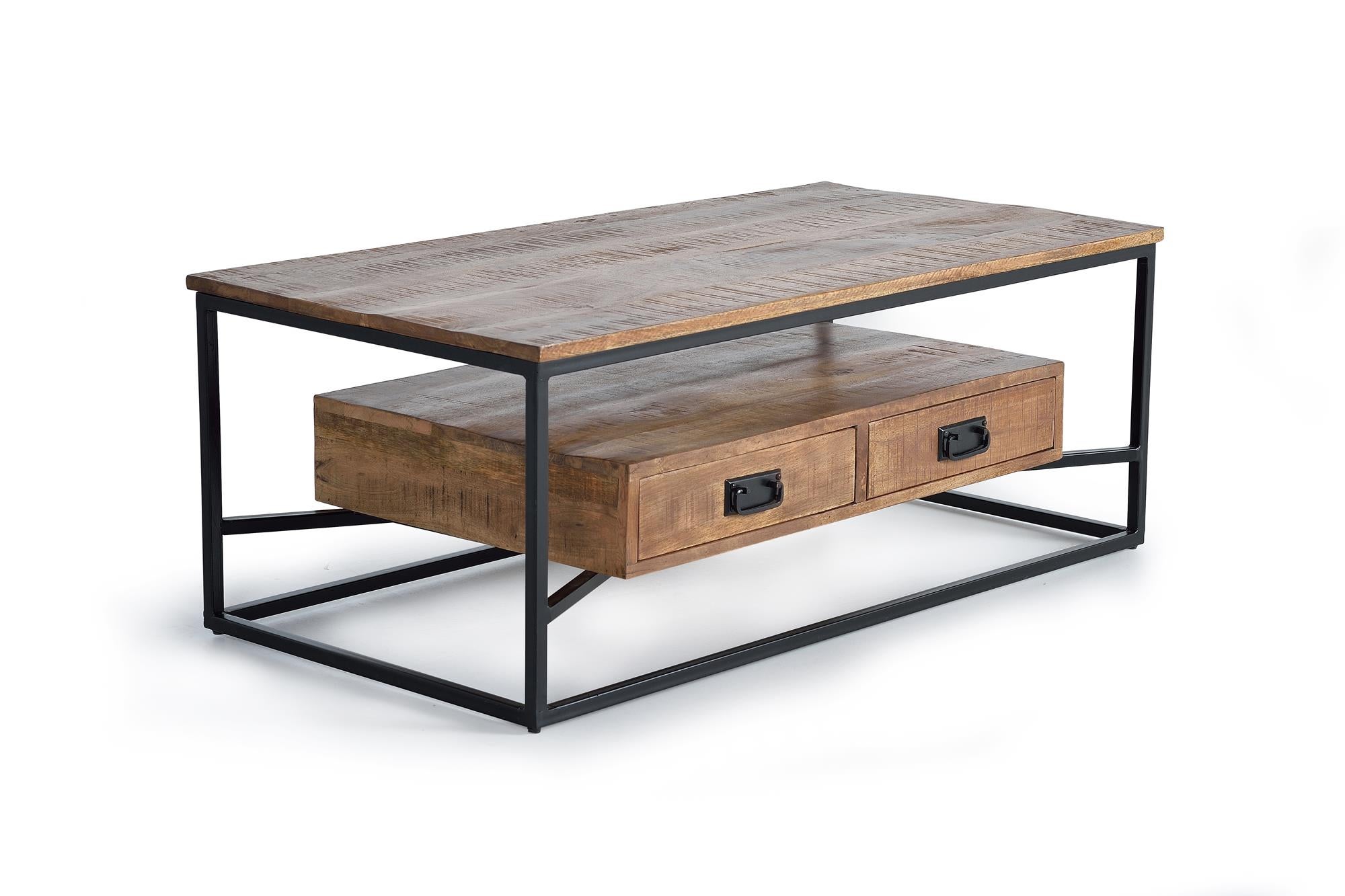 Tavolino Da Caffè Industriale 2 Ripiani LVB | Tavolo Rettangolare In Legno E Metallo Colore Rovere | Tavolino Da Salotto Con Contenitore