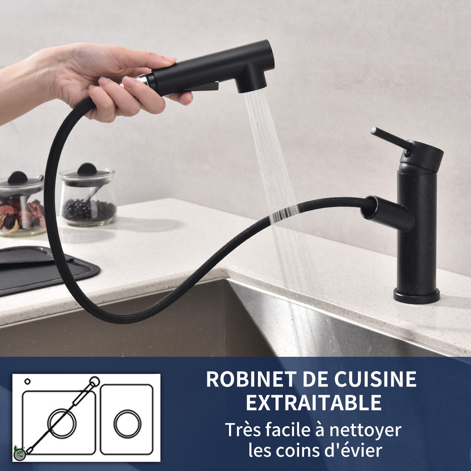 Mitigeur Cuisine avec Douchette Extractible Robinet Cuisine Noir Mitigeur d'Évier avec 2 Modes de Sortie D'eau - 2