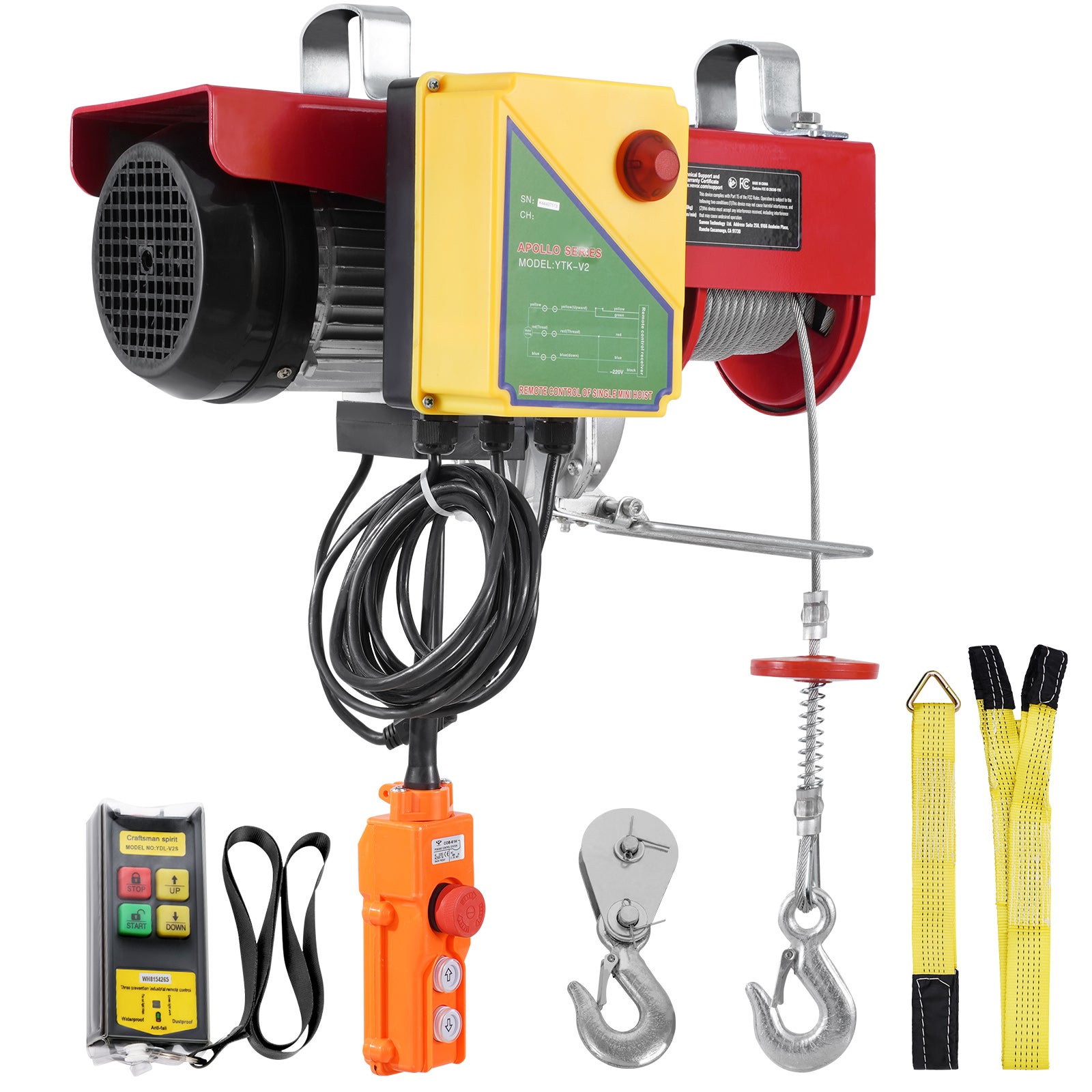 Palan Électrique,VEVOR Charge Double Câble 1000 kg,Télécommande Filaire 4,2 m et Sans Fil 100 m,Hauteur Levage Câble Simple 12 m,Arrêt Urgence - 9