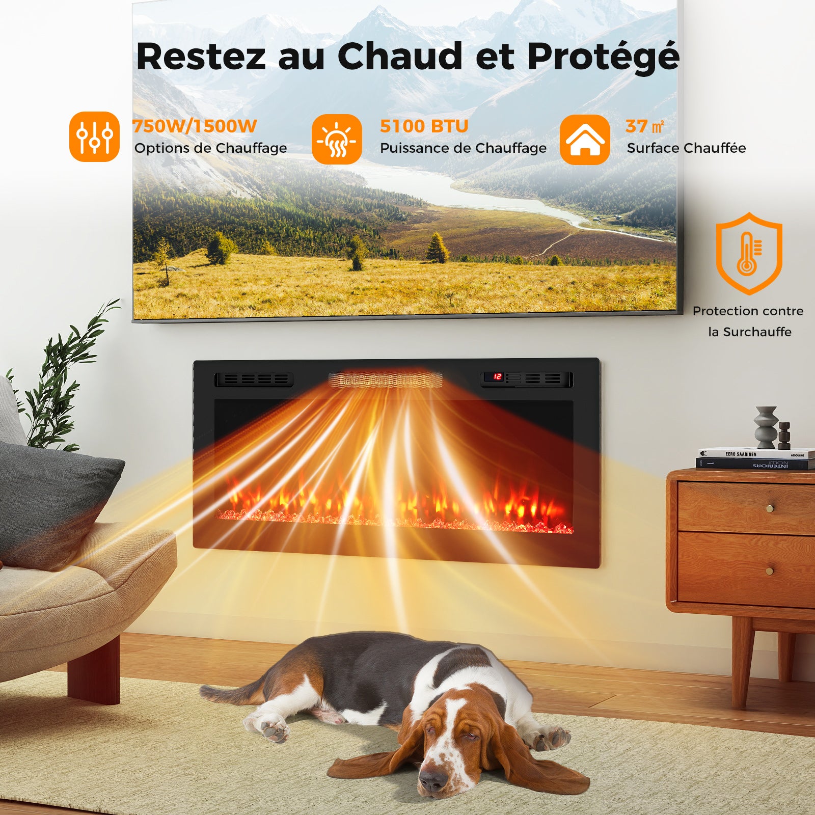Cheminée Electrique avec Effet Flamme, Chauffage 750W/1500W avec Écran LED, 12 Couleurs de Flammes, Minuterie 12 H - 4